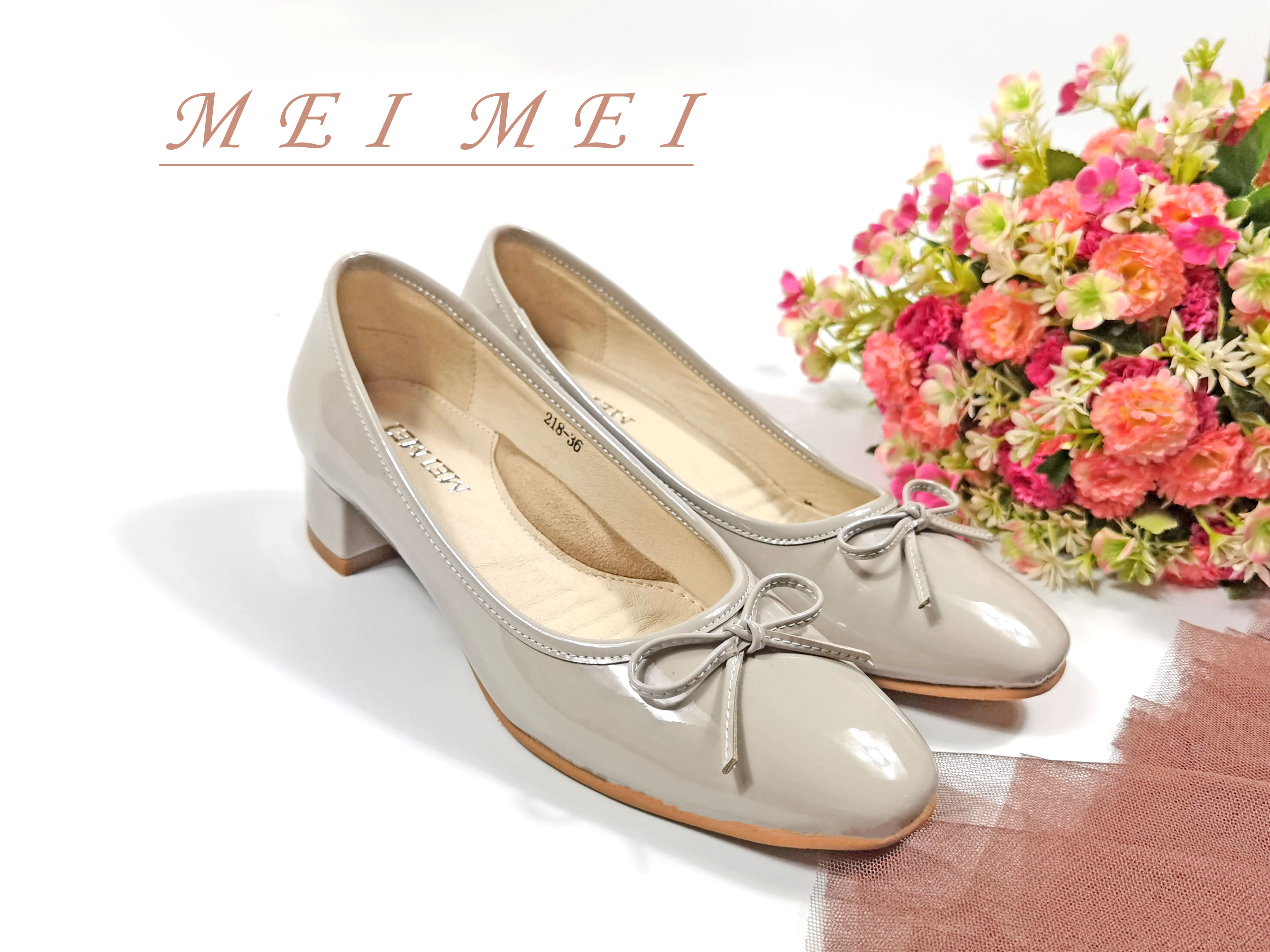 漆皮方頭小蝴蝶粗跟單鞋