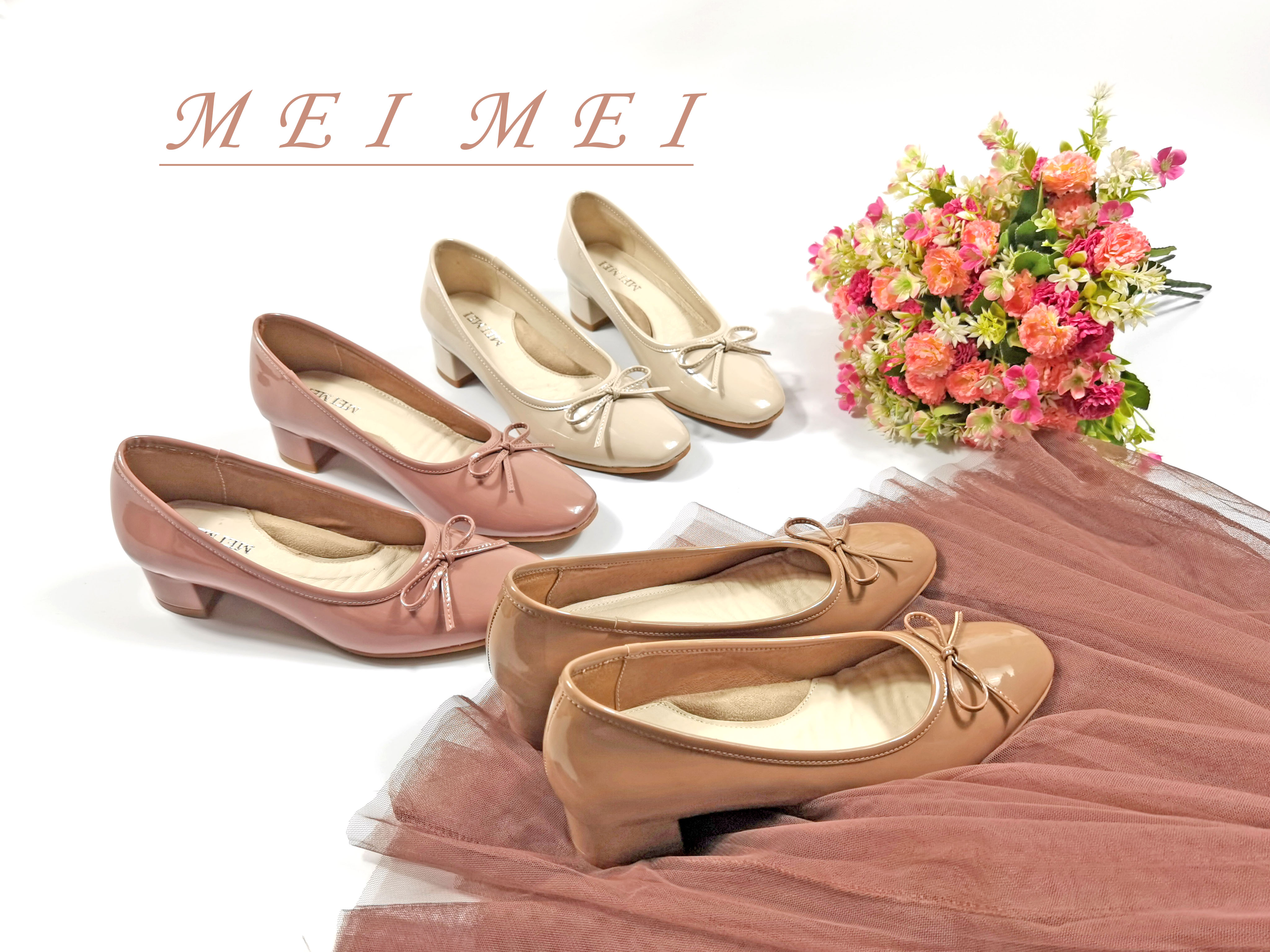 漆皮方頭小蝴蝶粗跟單鞋