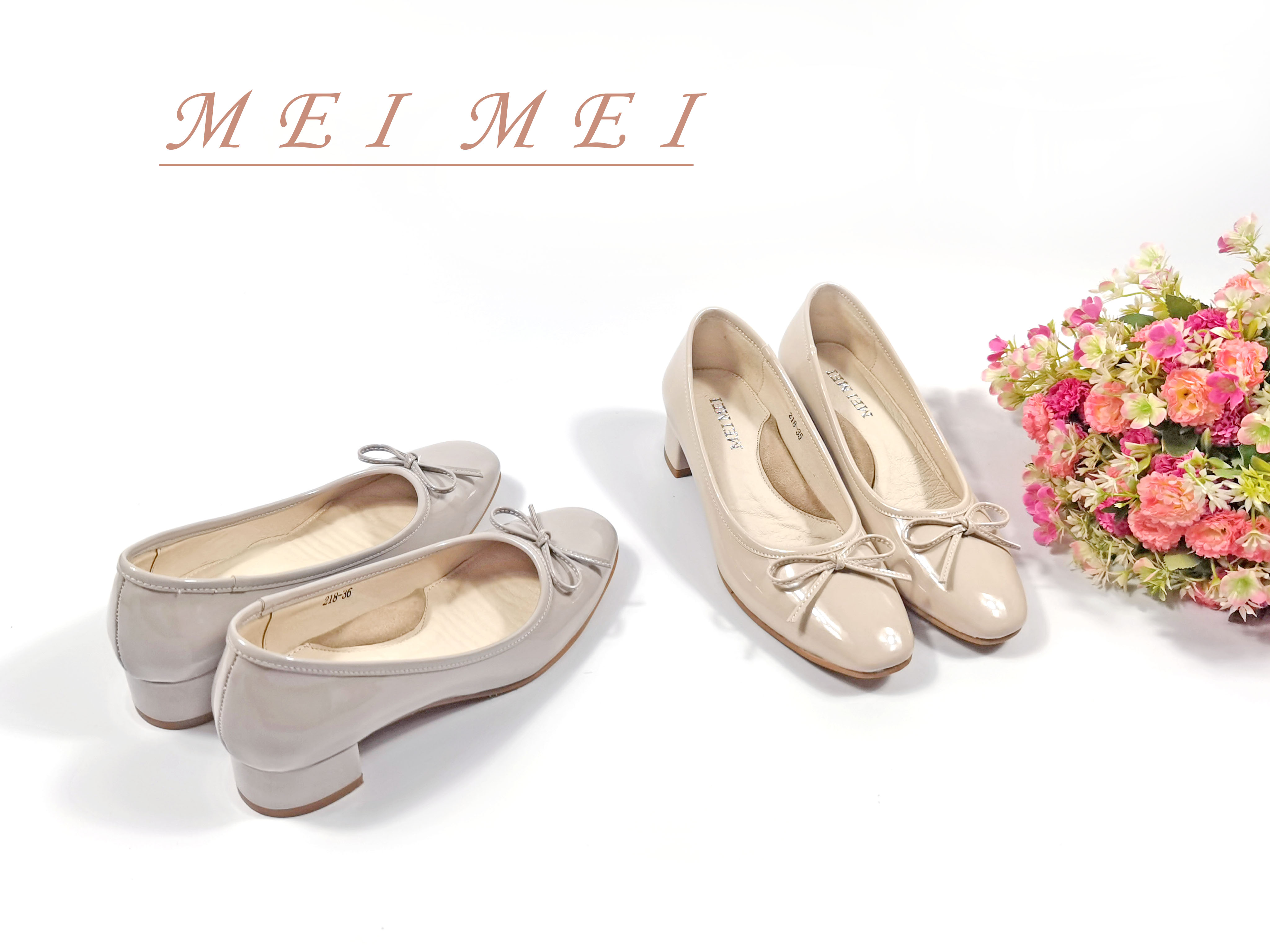 漆皮方頭小蝴蝶粗跟單鞋