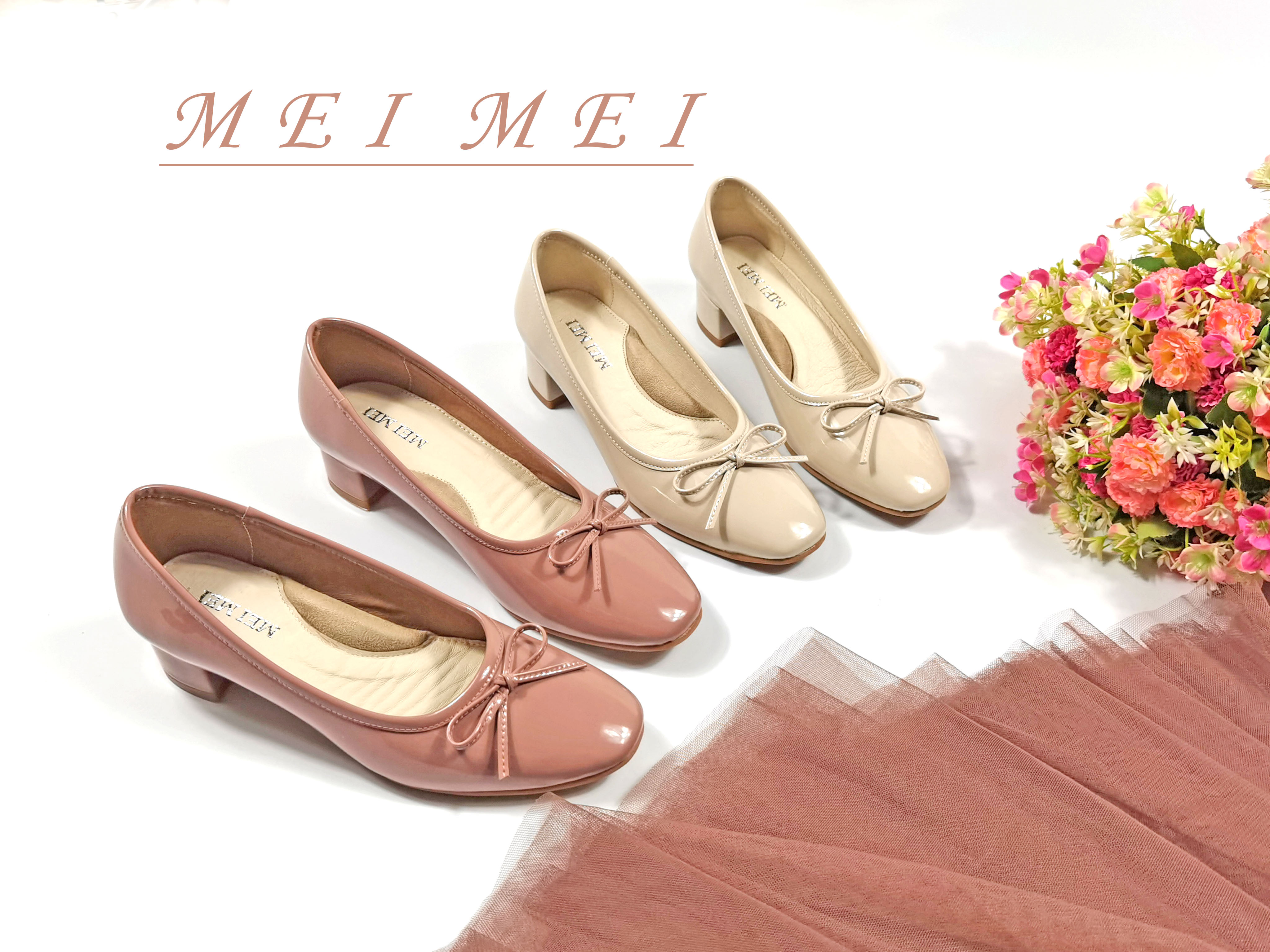 漆皮方頭小蝴蝶粗跟單鞋