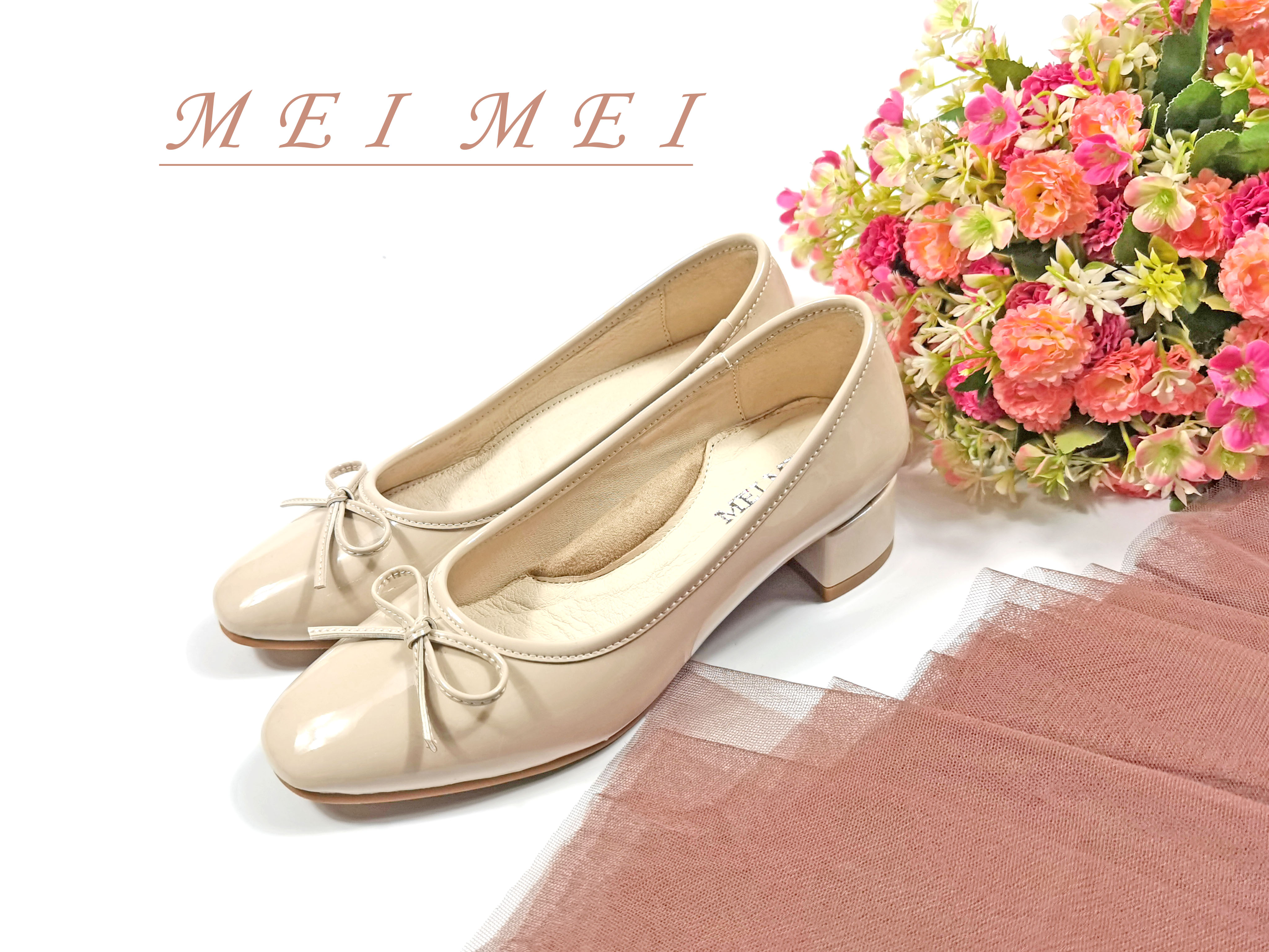 漆皮方頭小蝴蝶粗跟單鞋