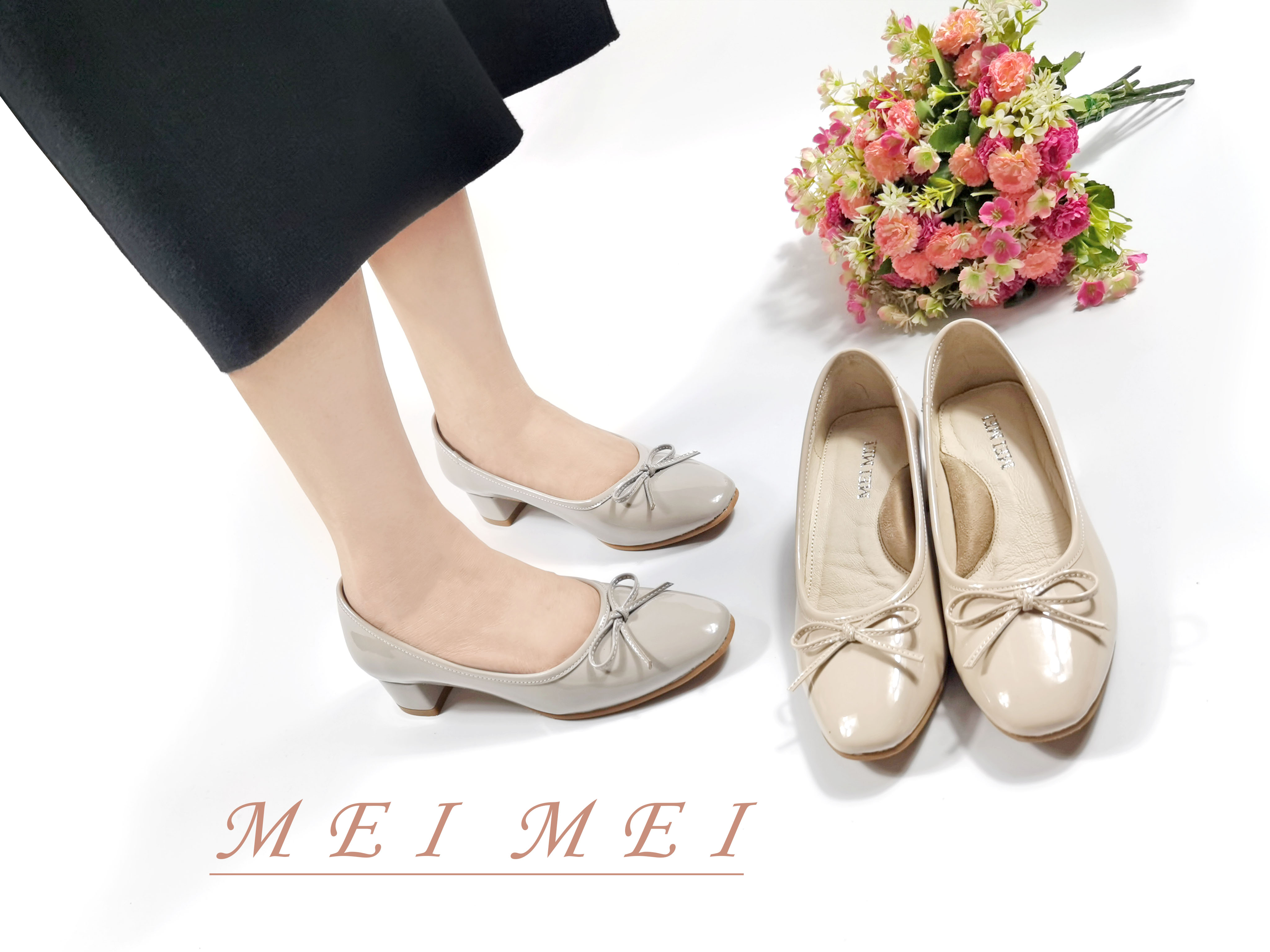 漆皮方頭小蝴蝶粗跟單鞋