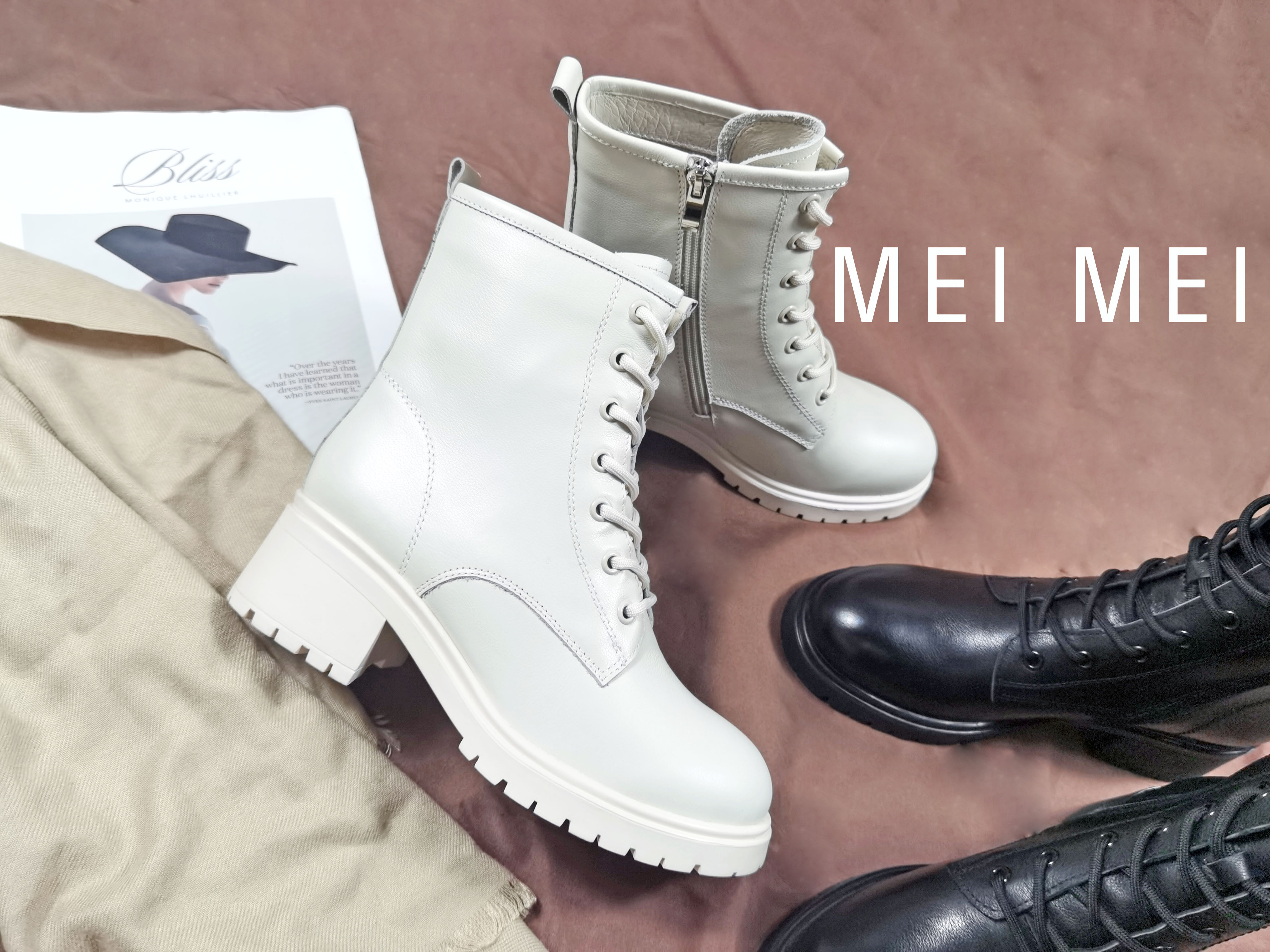 真皮綁帶粗跟馬丁靴