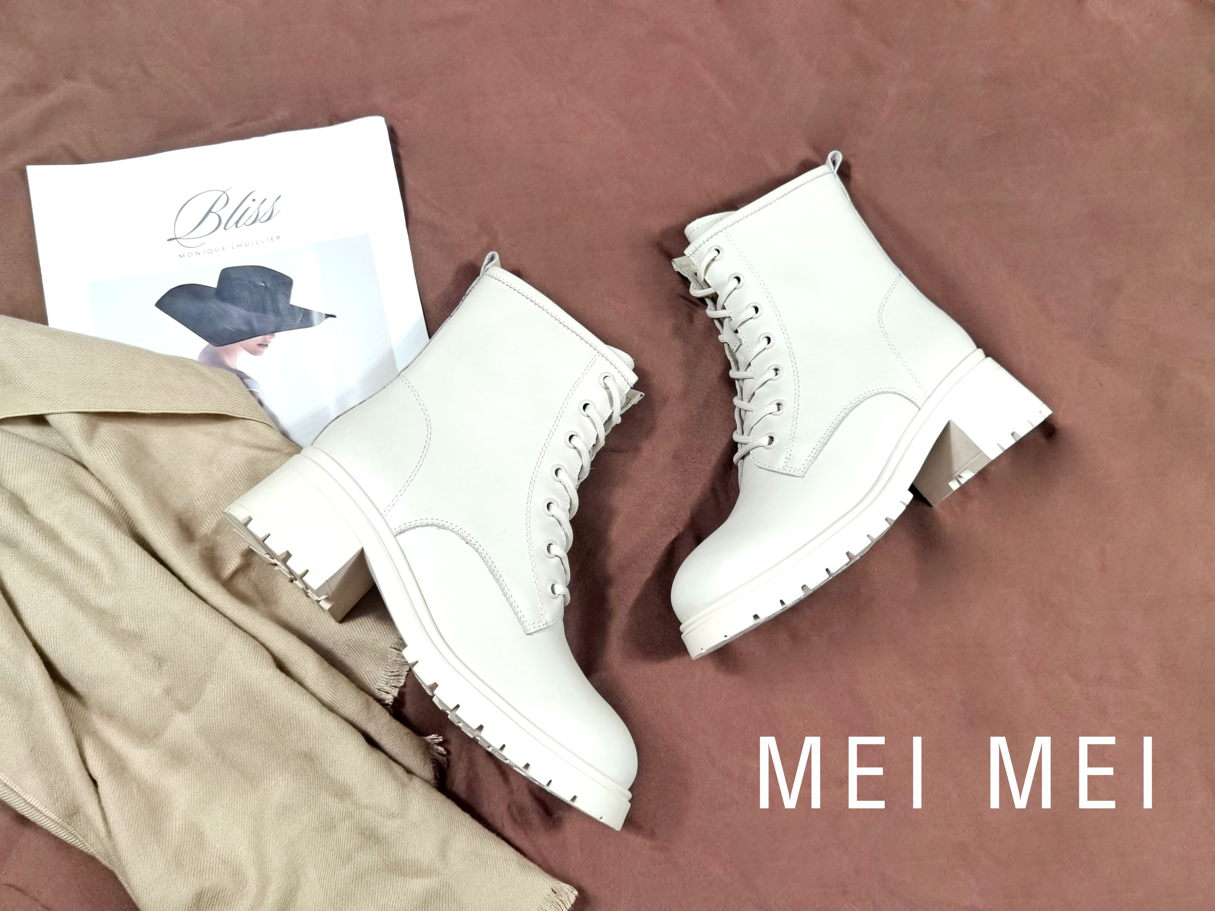 真皮綁帶粗跟馬丁靴