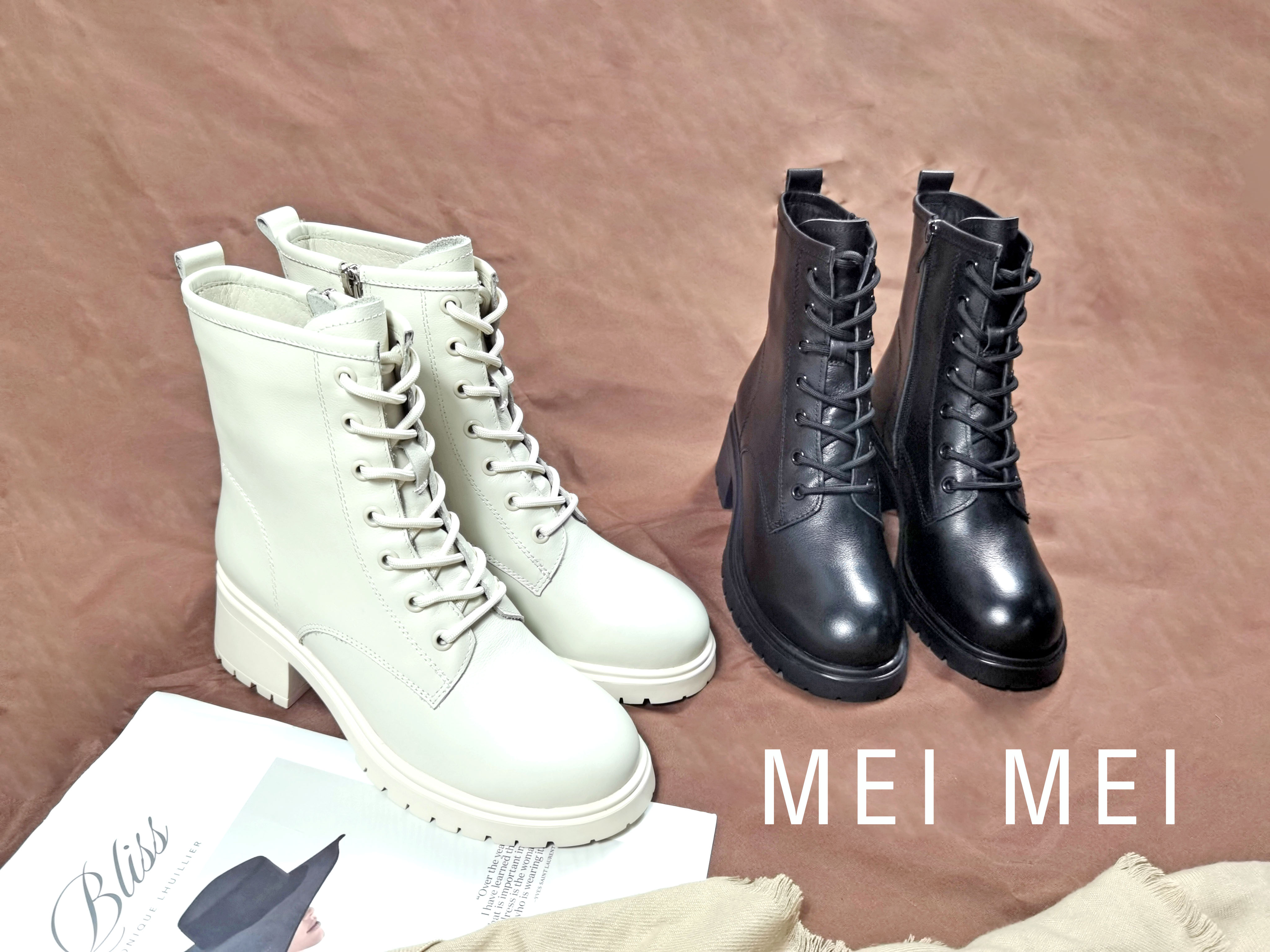 真皮綁帶粗跟馬丁靴