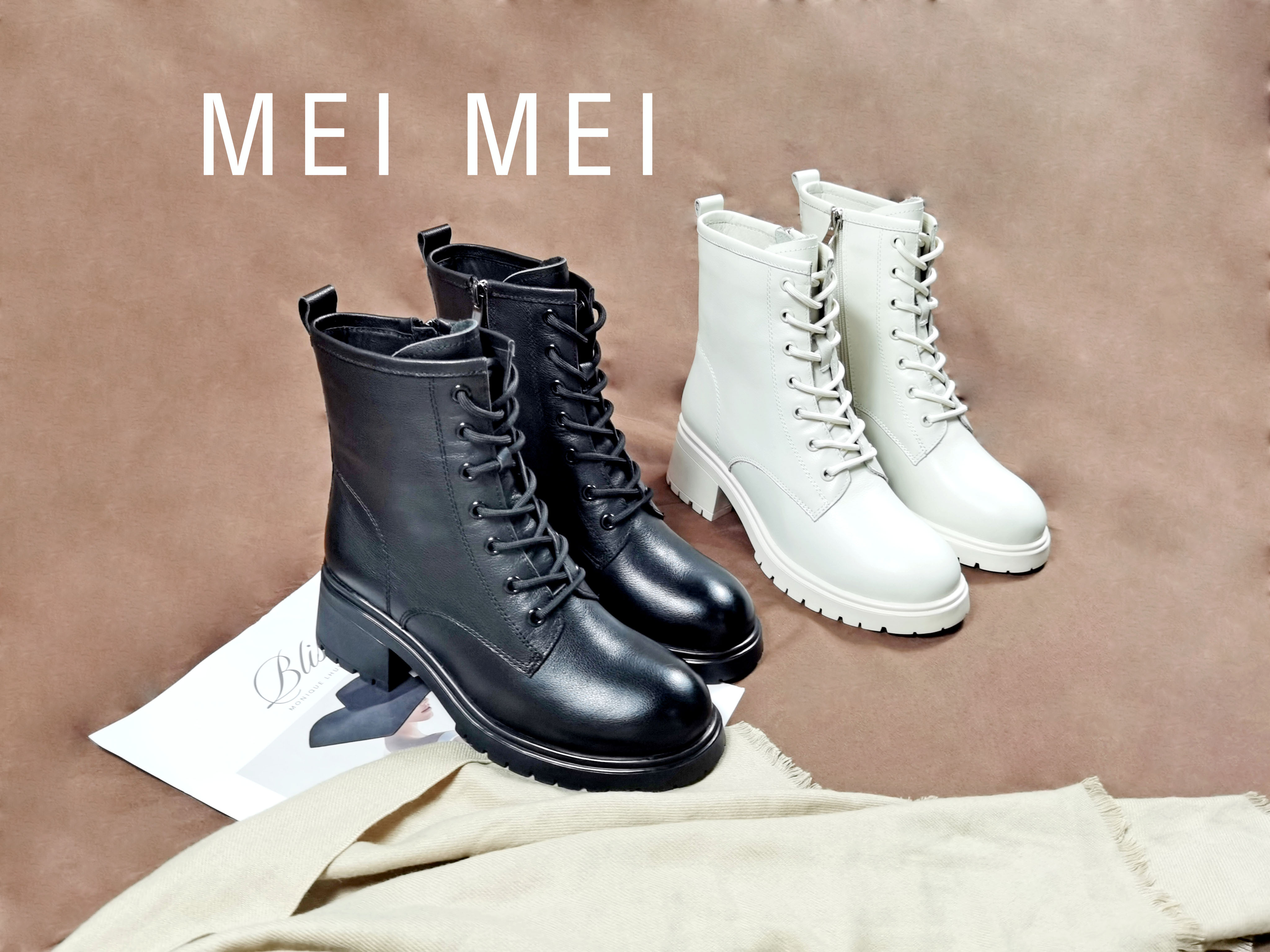 真皮綁帶粗跟馬丁靴