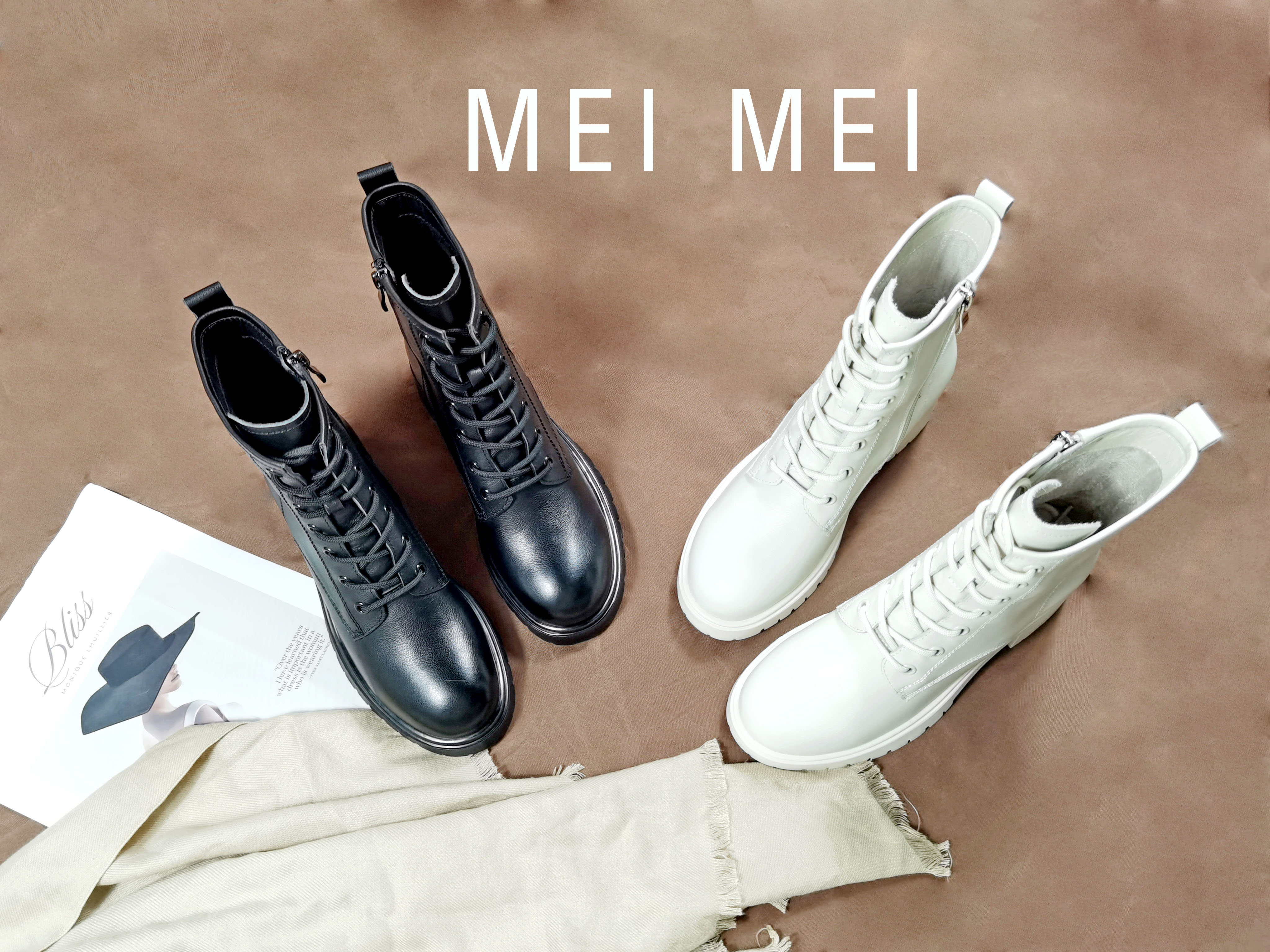 真皮綁帶粗跟馬丁靴