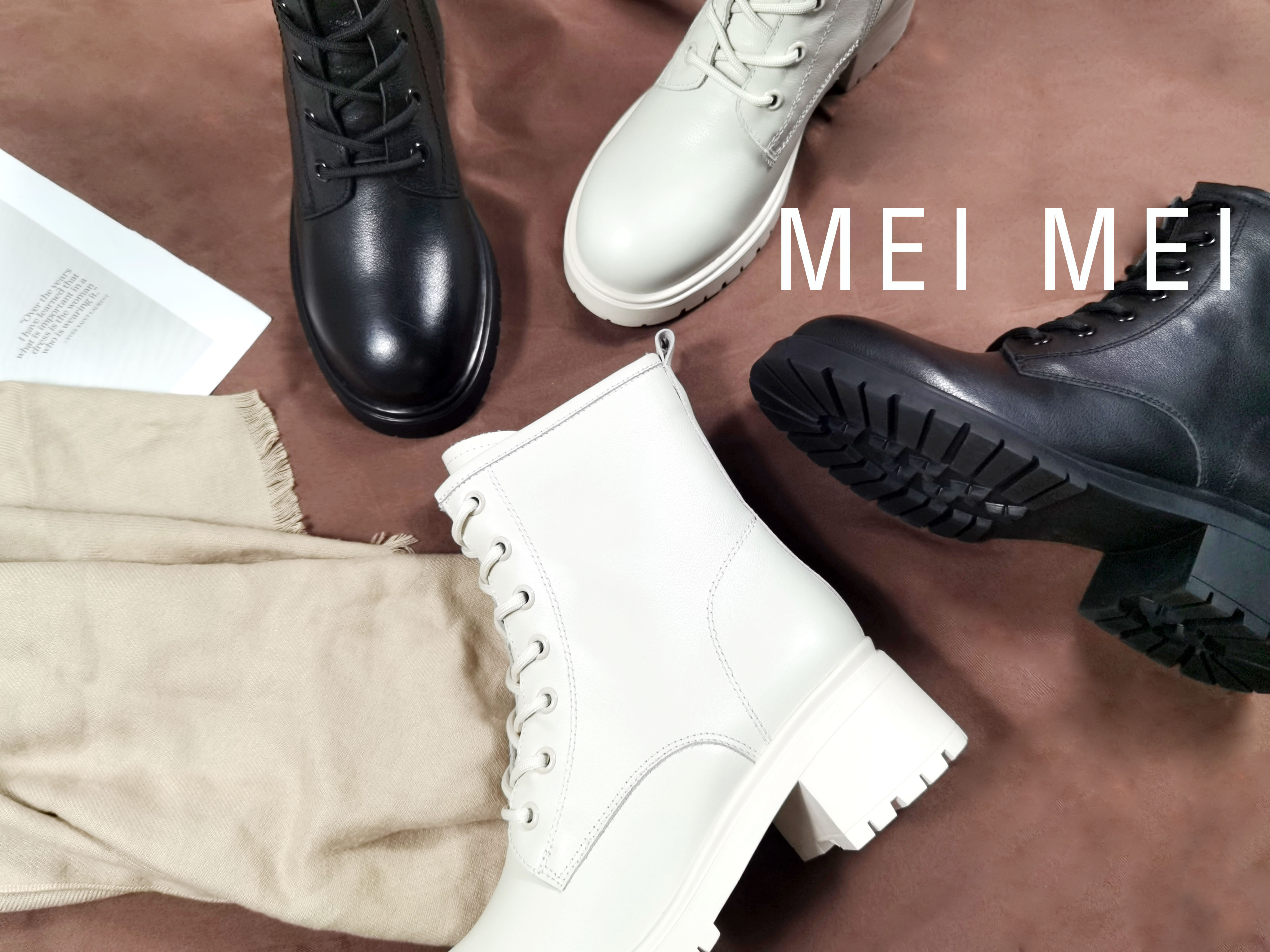 真皮綁帶粗跟馬丁靴