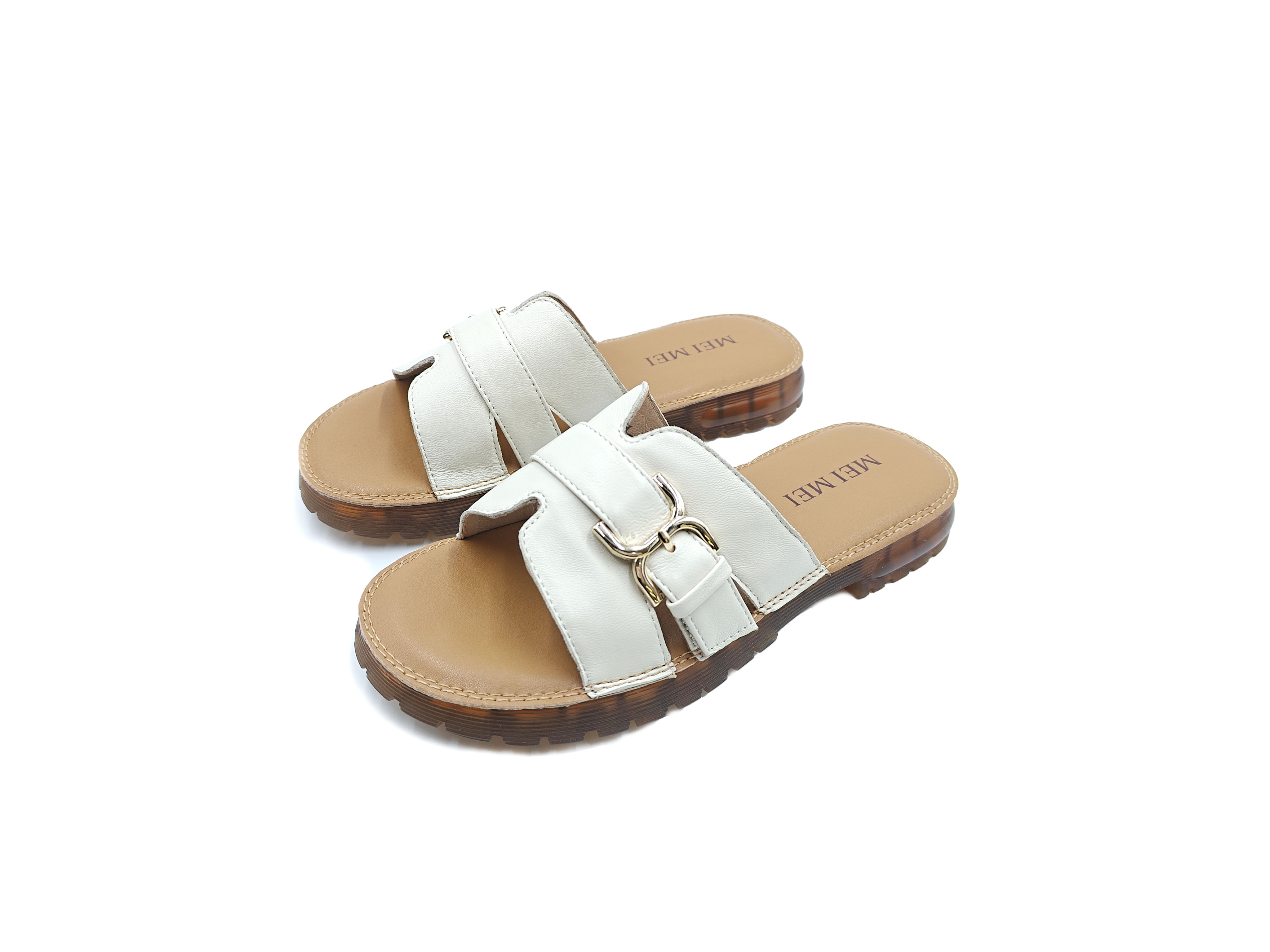 羊皮小方扣露趾平底拖鞋