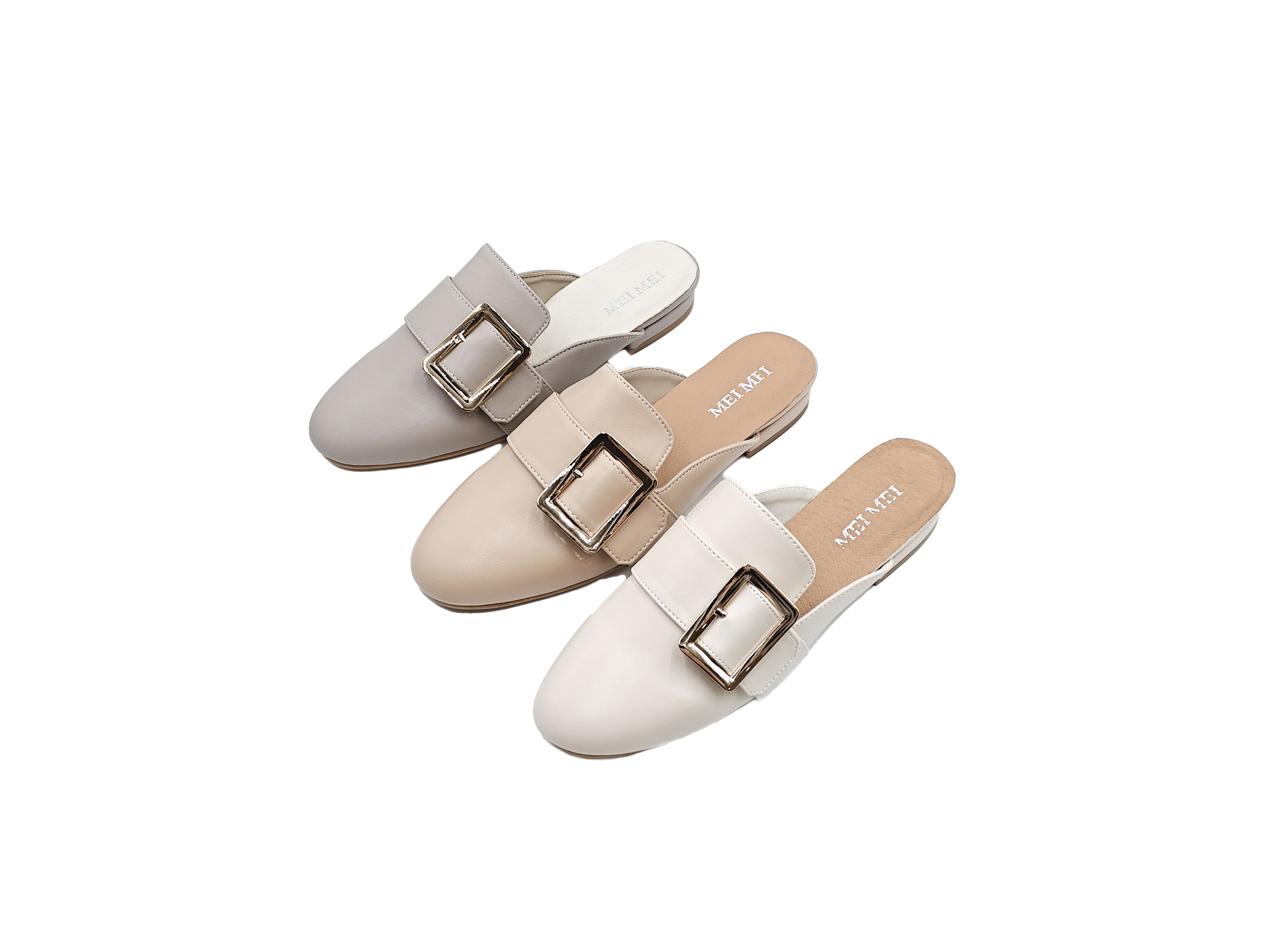 皮面金方扣包頭休閒半拖