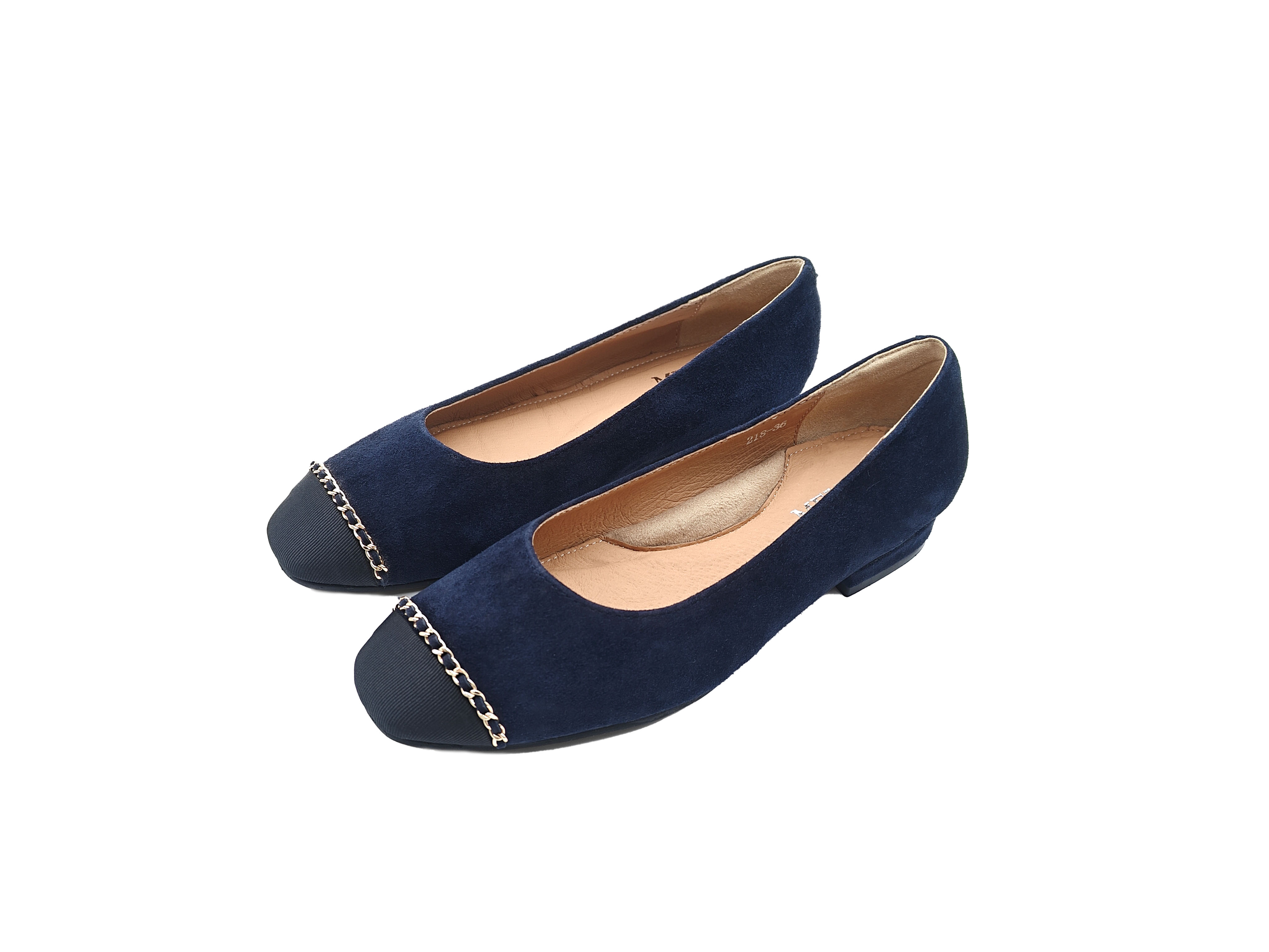 方頭拼接金鏈羊麂皮平底鞋