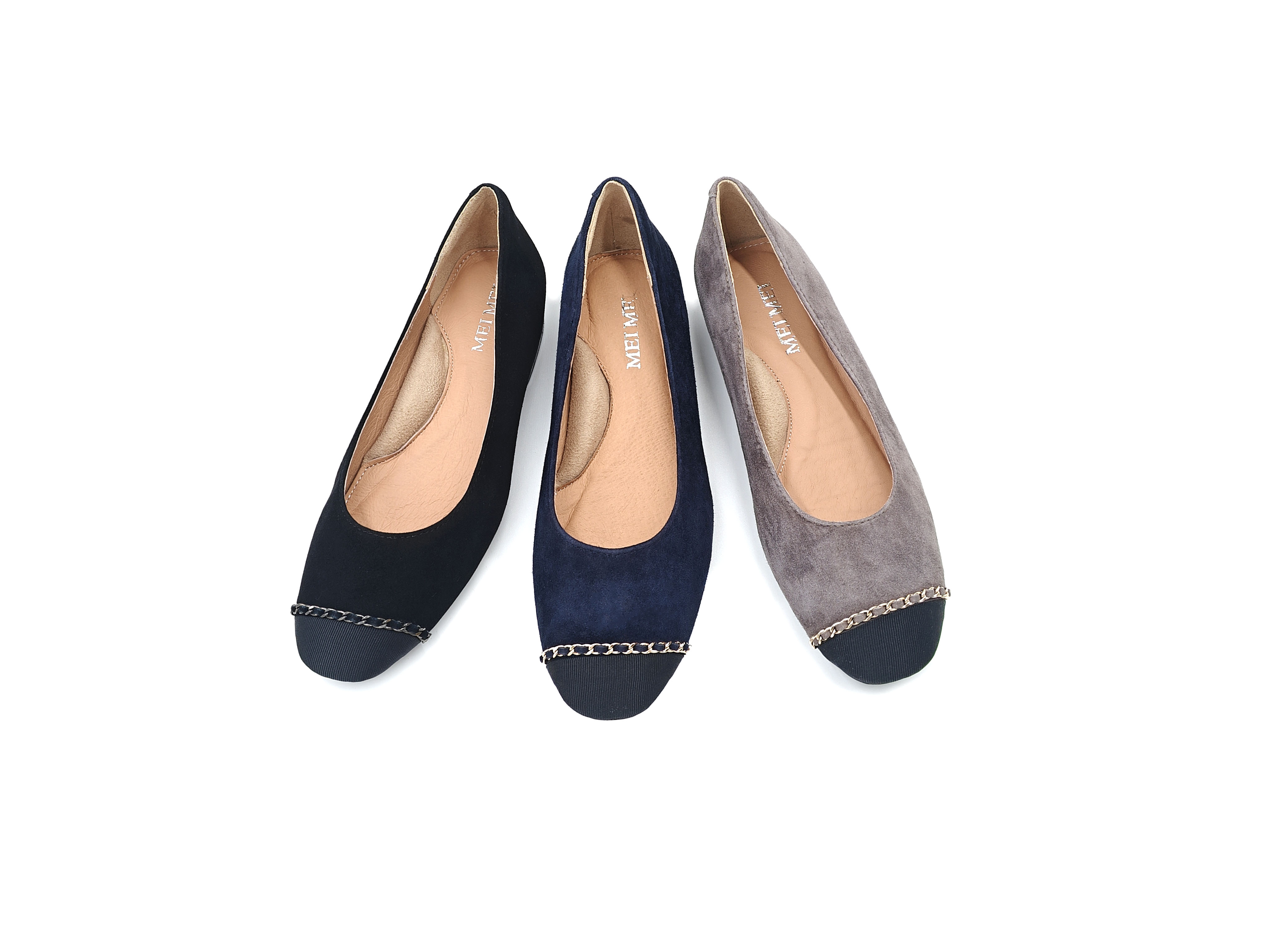 方頭拼接金鏈羊麂皮平底鞋