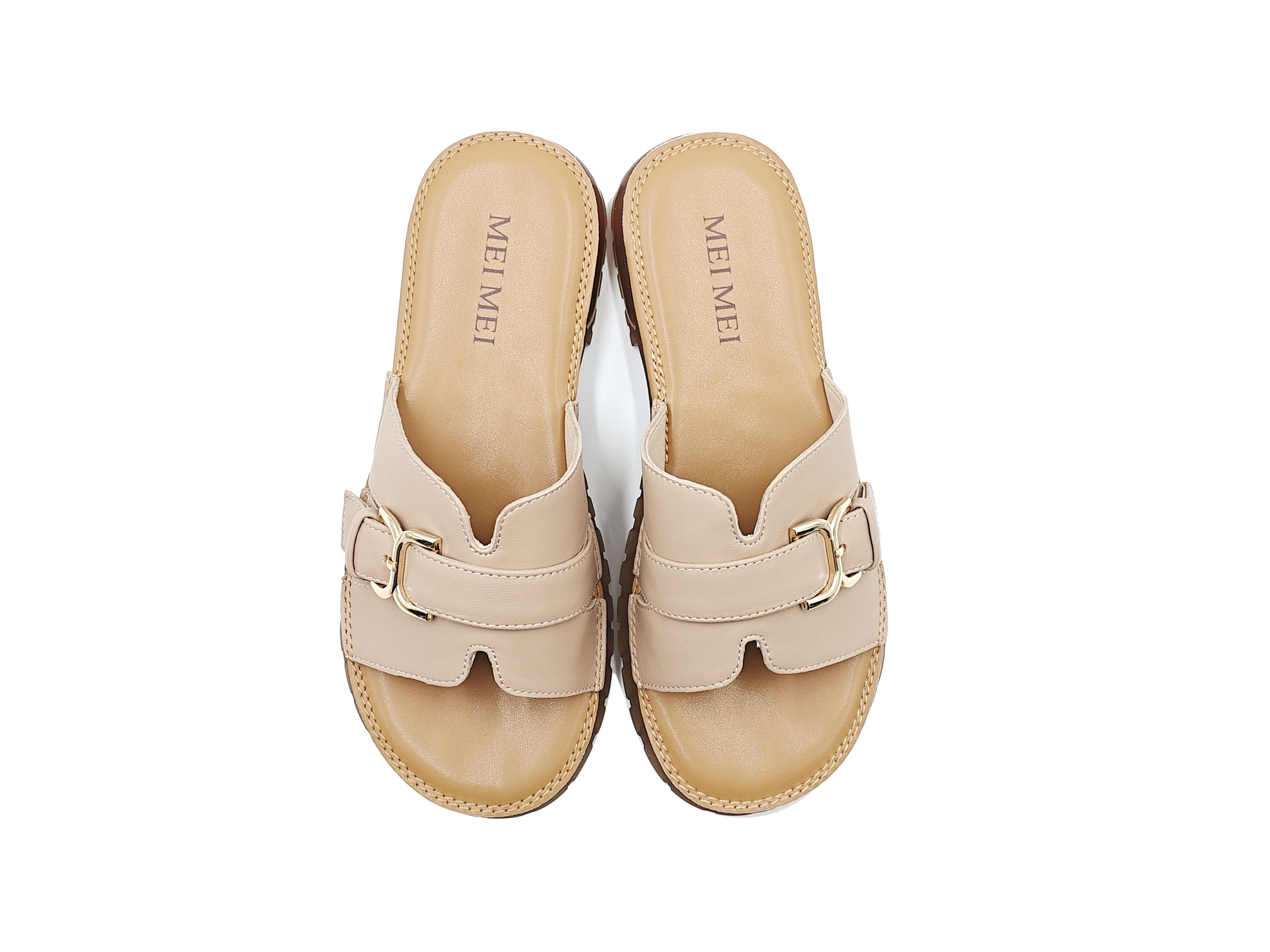 羊皮小方扣露趾平底拖鞋