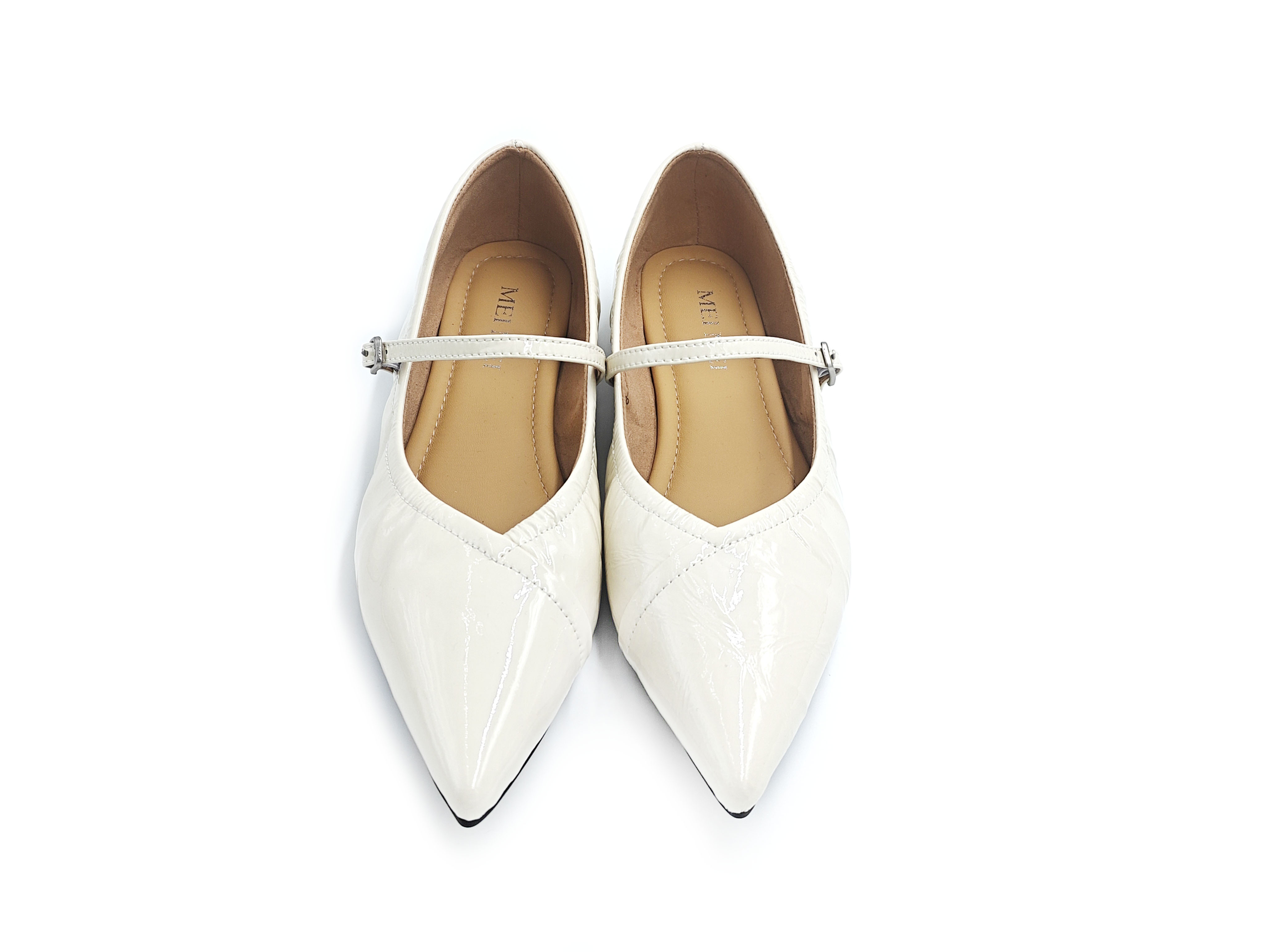 尖頭牛漆皮軟底橫帶平底鞋