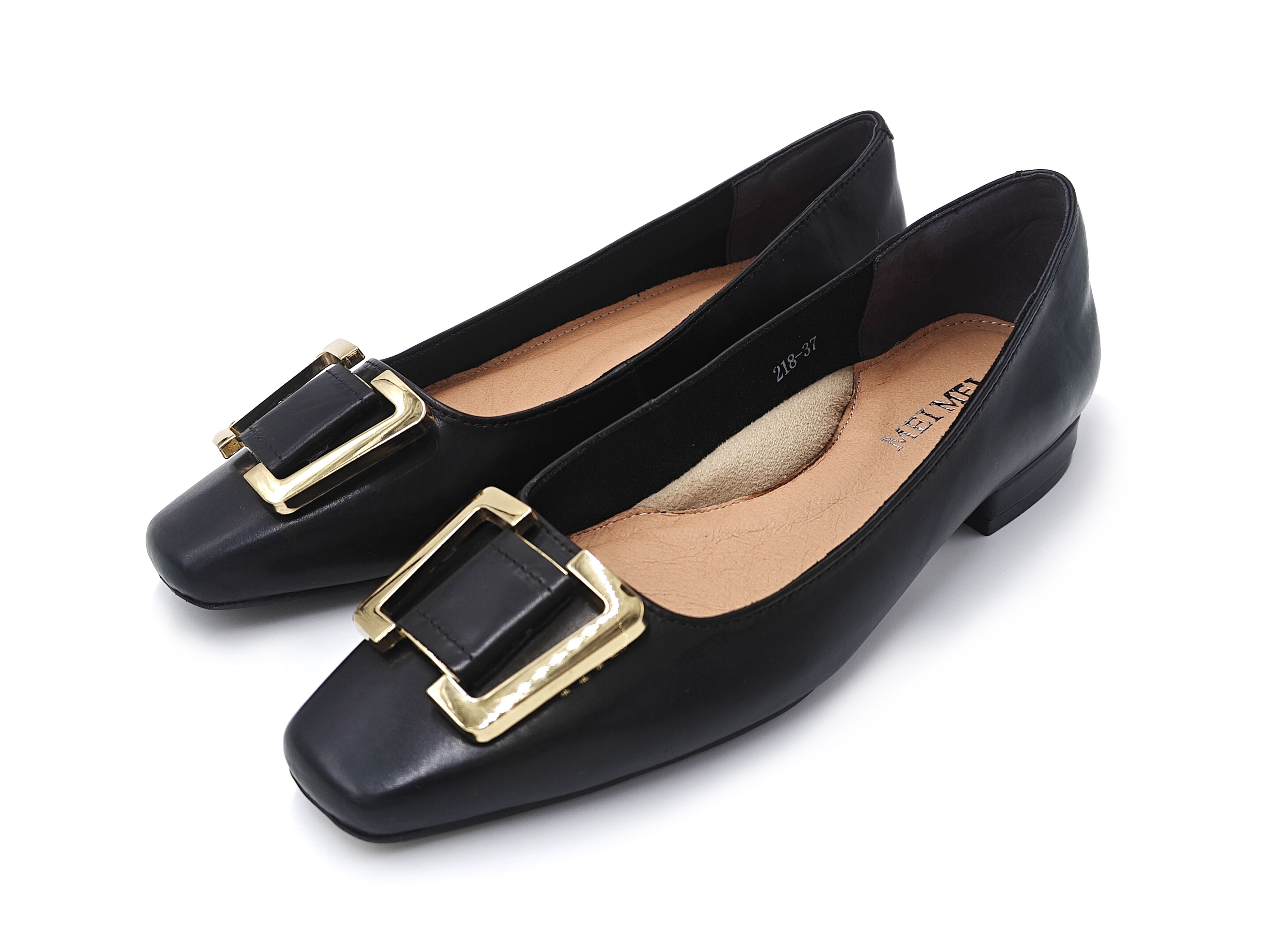 真皮胎牛皮方頭金色梯形扣平底單鞋女鞋