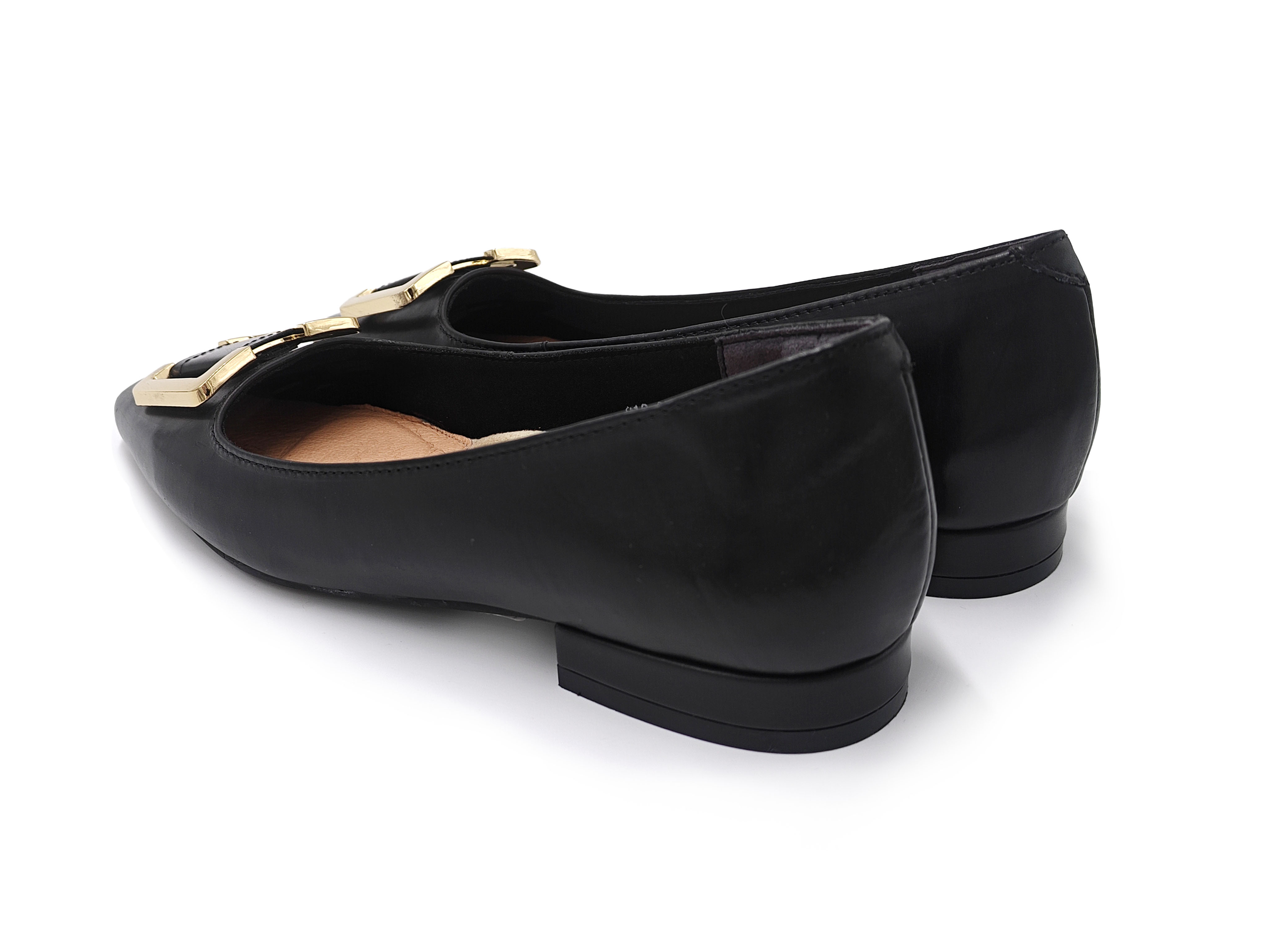 真皮胎牛皮方頭金色梯形扣平底單鞋女鞋