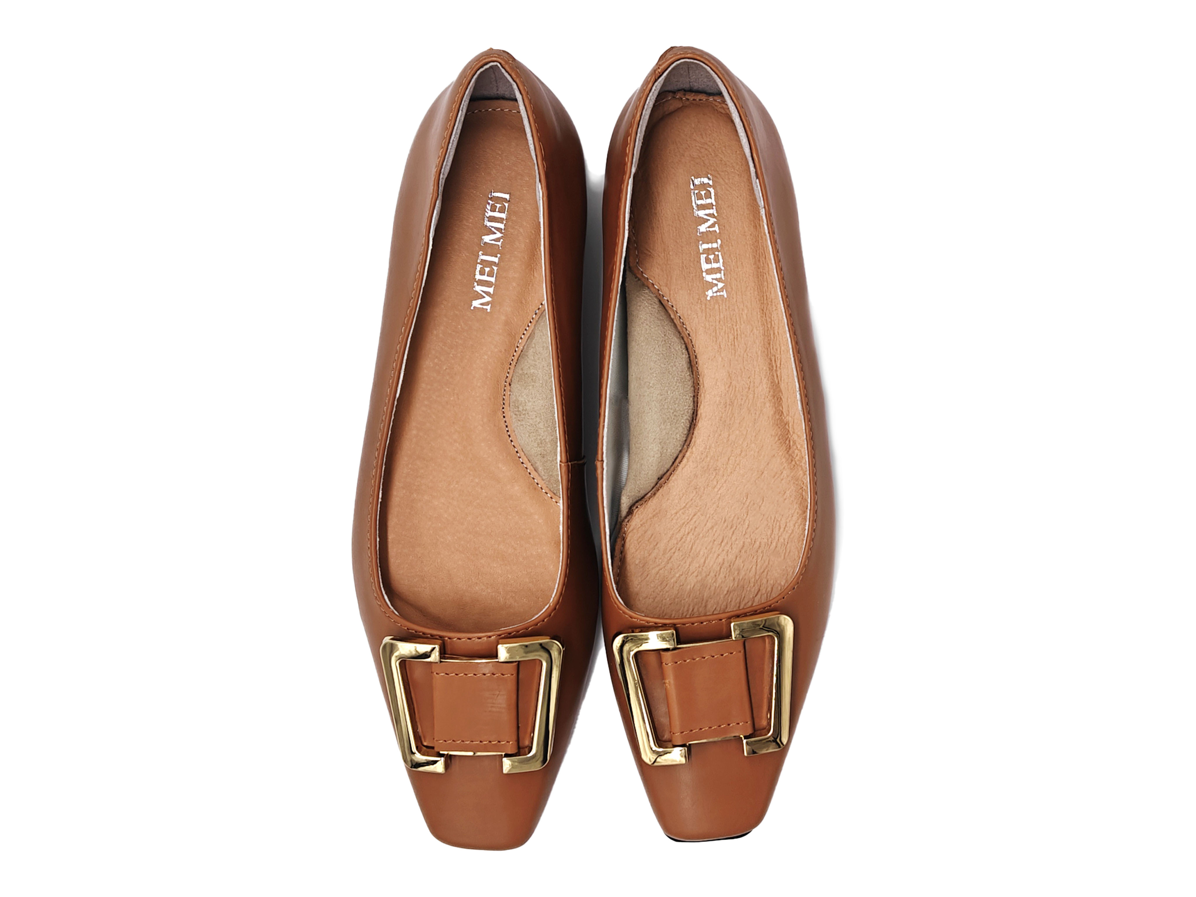 真皮胎牛皮方頭金色梯形扣平底單鞋女鞋