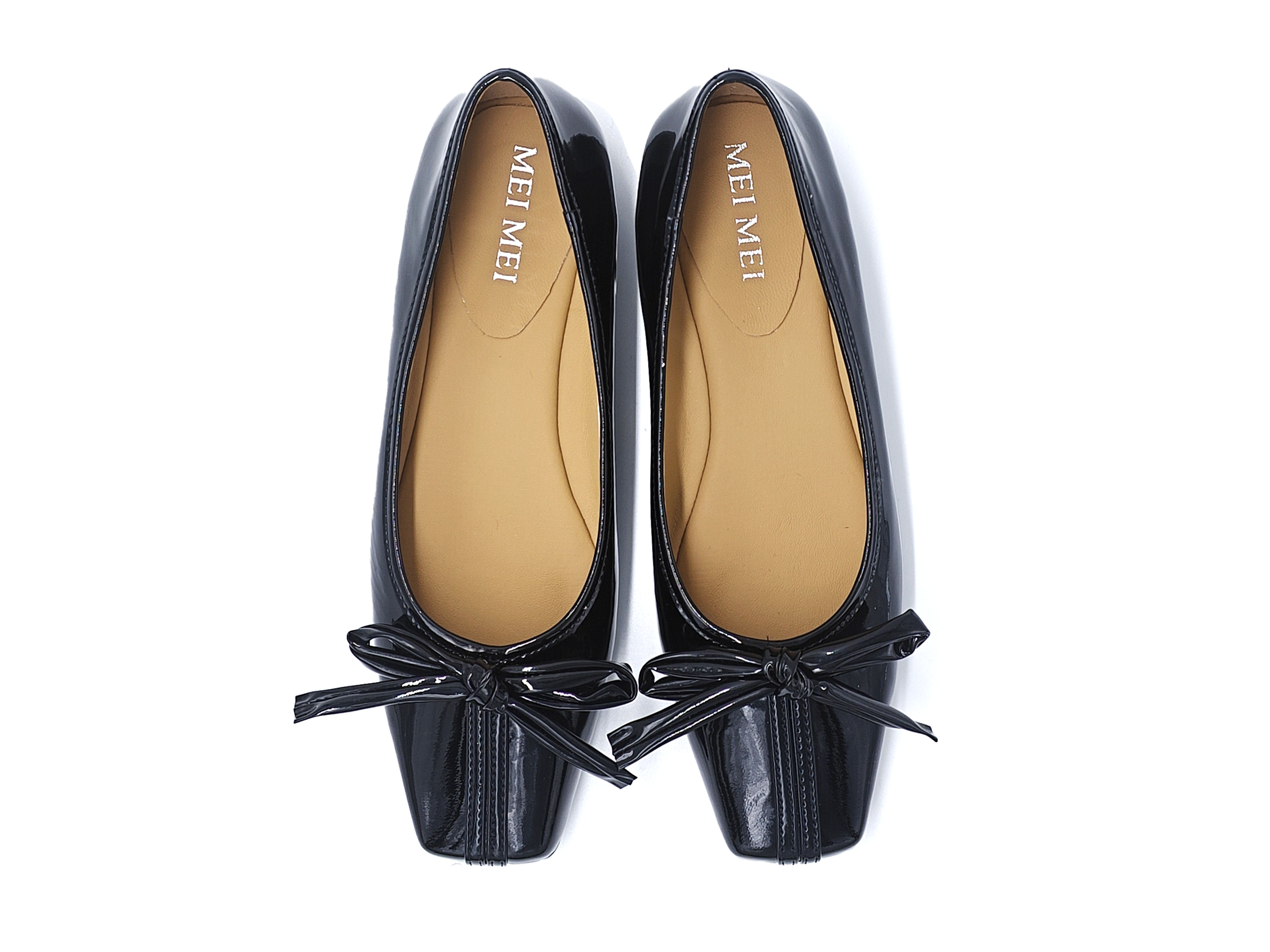 牛漆皮方頭立體蝴蝶結平底鞋