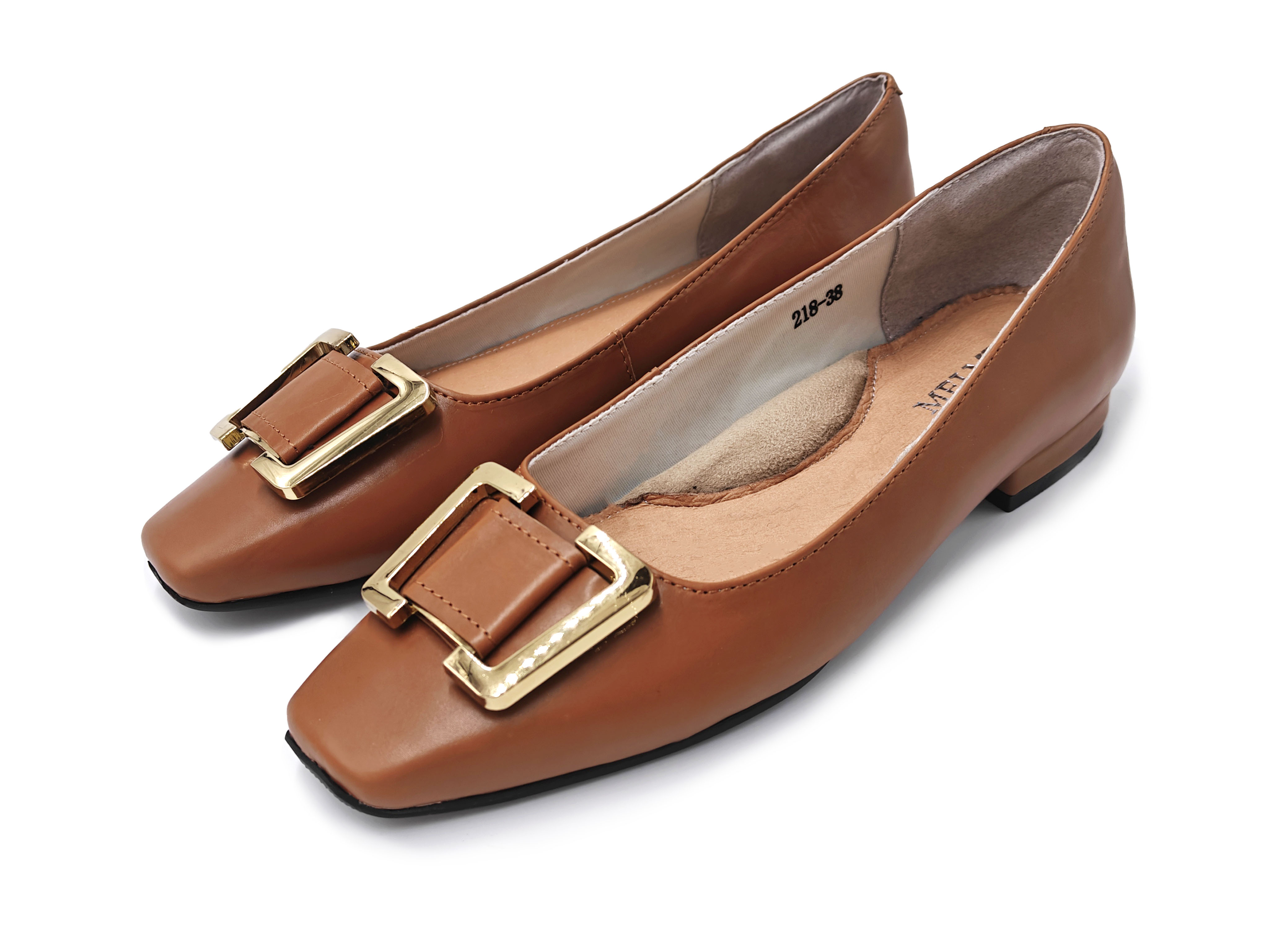 真皮胎牛皮方頭金色梯形扣平底單鞋女鞋