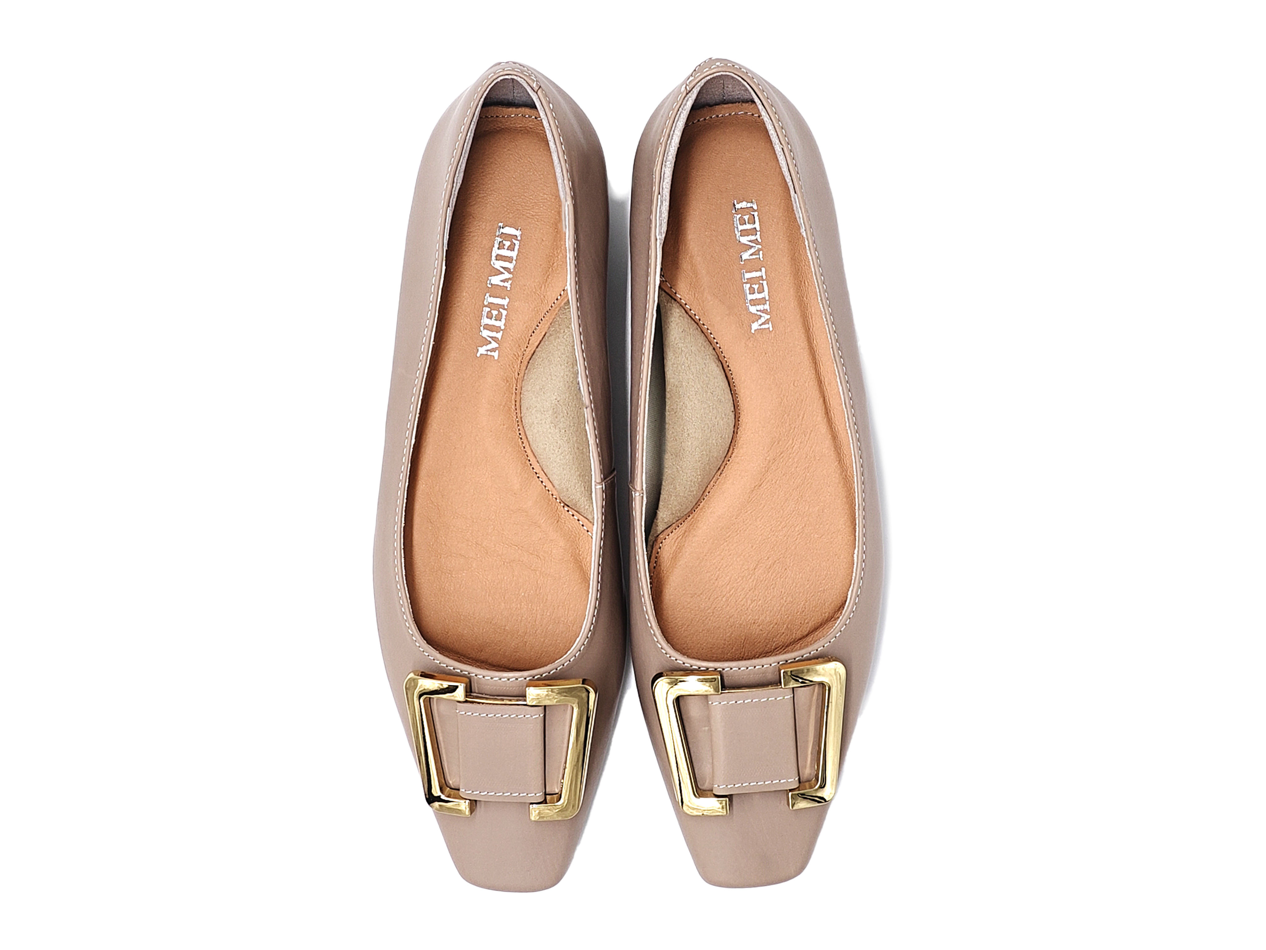 真皮胎牛皮方頭金色梯形扣平底單鞋女鞋