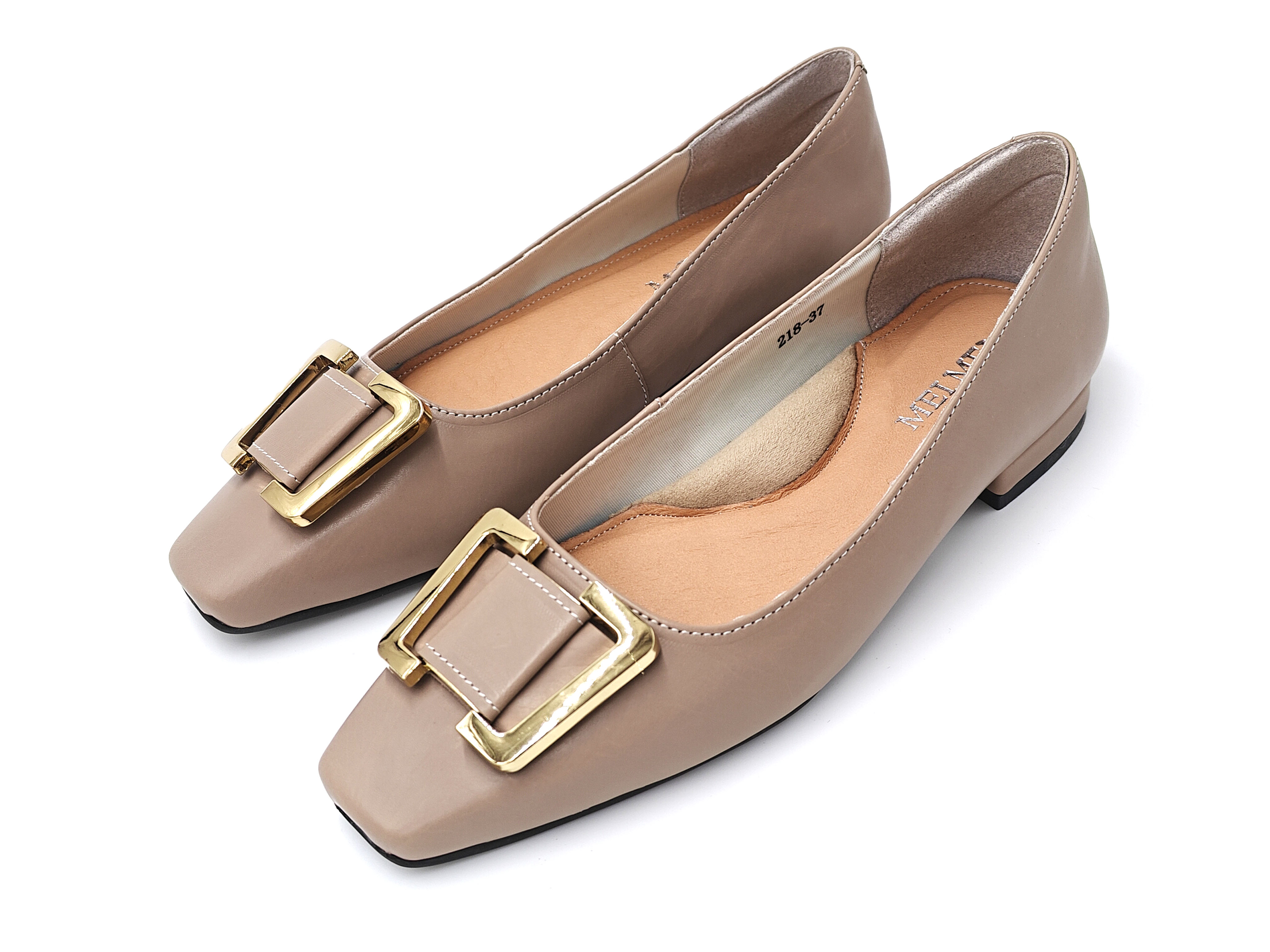 真皮胎牛皮方頭金色梯形扣平底單鞋女鞋