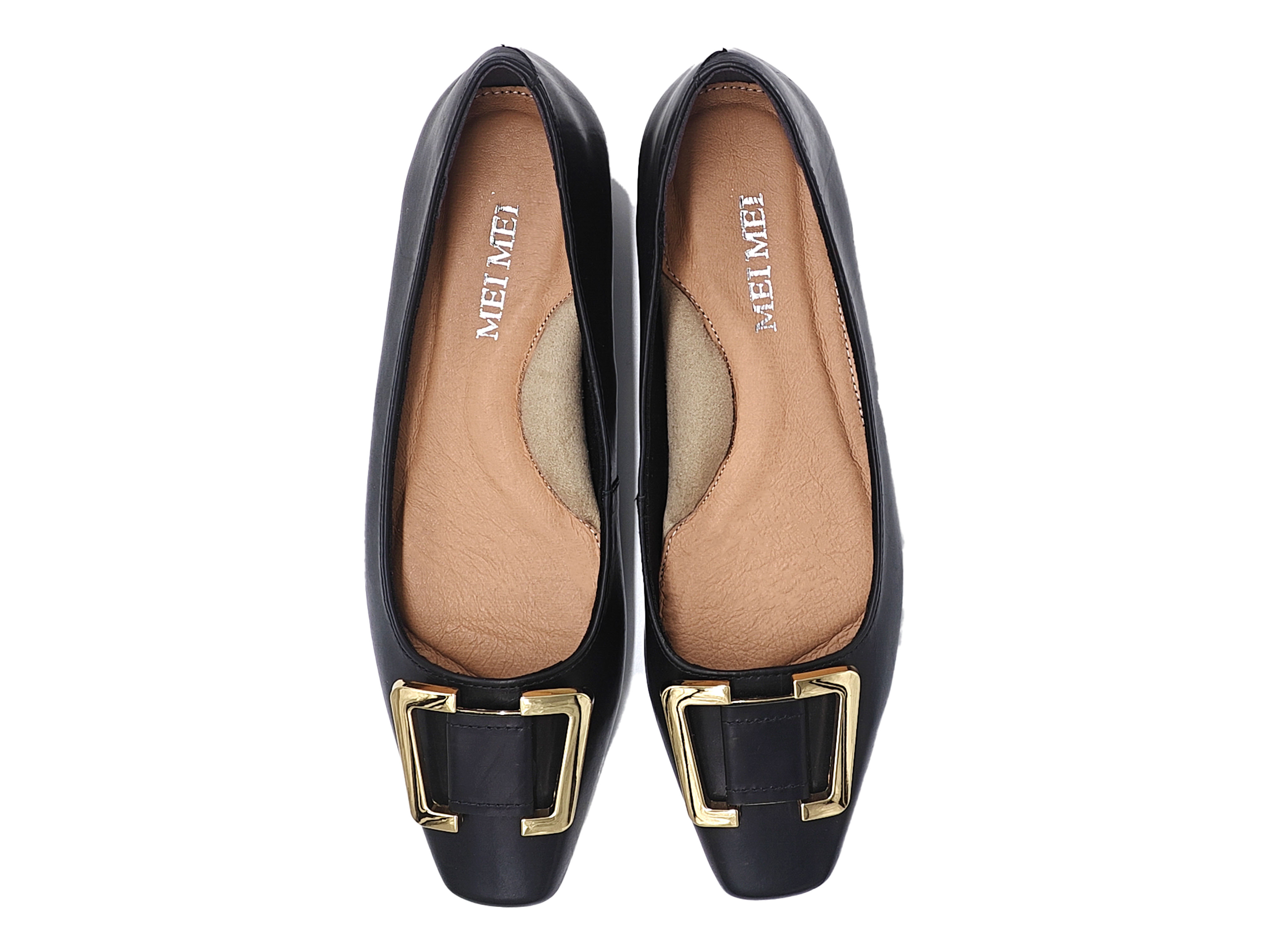 真皮胎牛皮方頭金色梯形扣平底單鞋女鞋