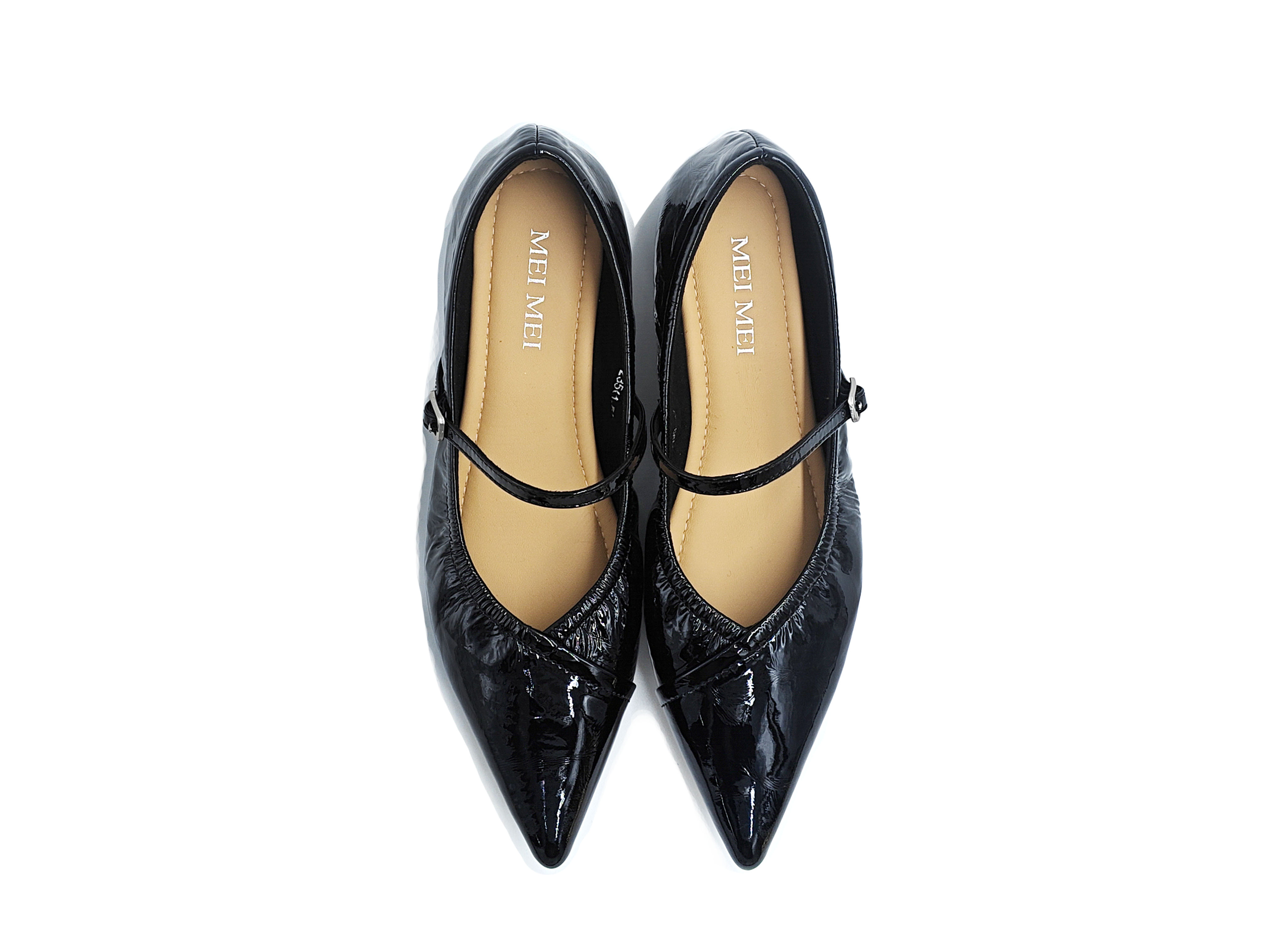 尖頭牛漆皮軟底橫帶平底鞋