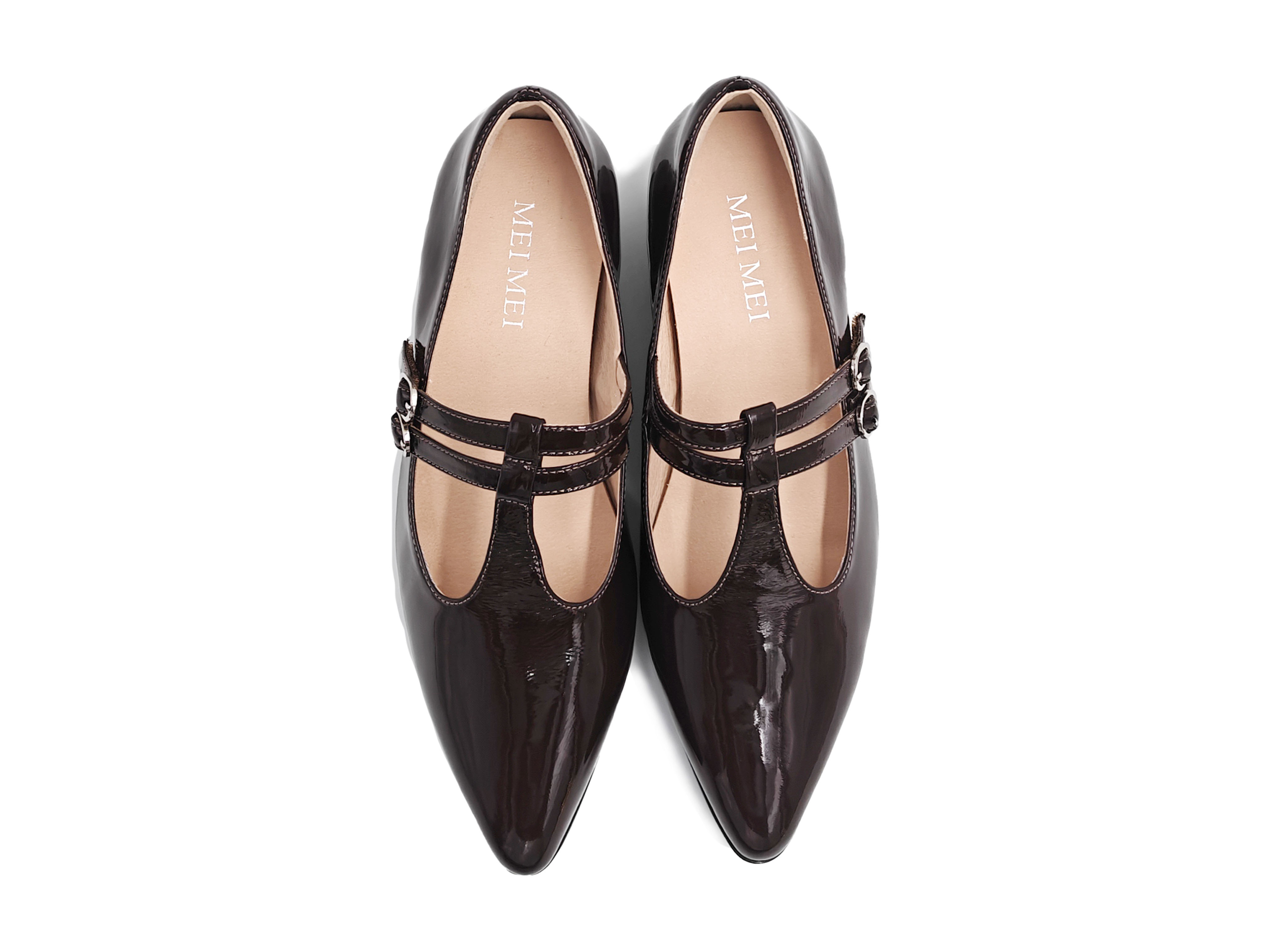 尖頭牛漆皮粗跟休閒鞋