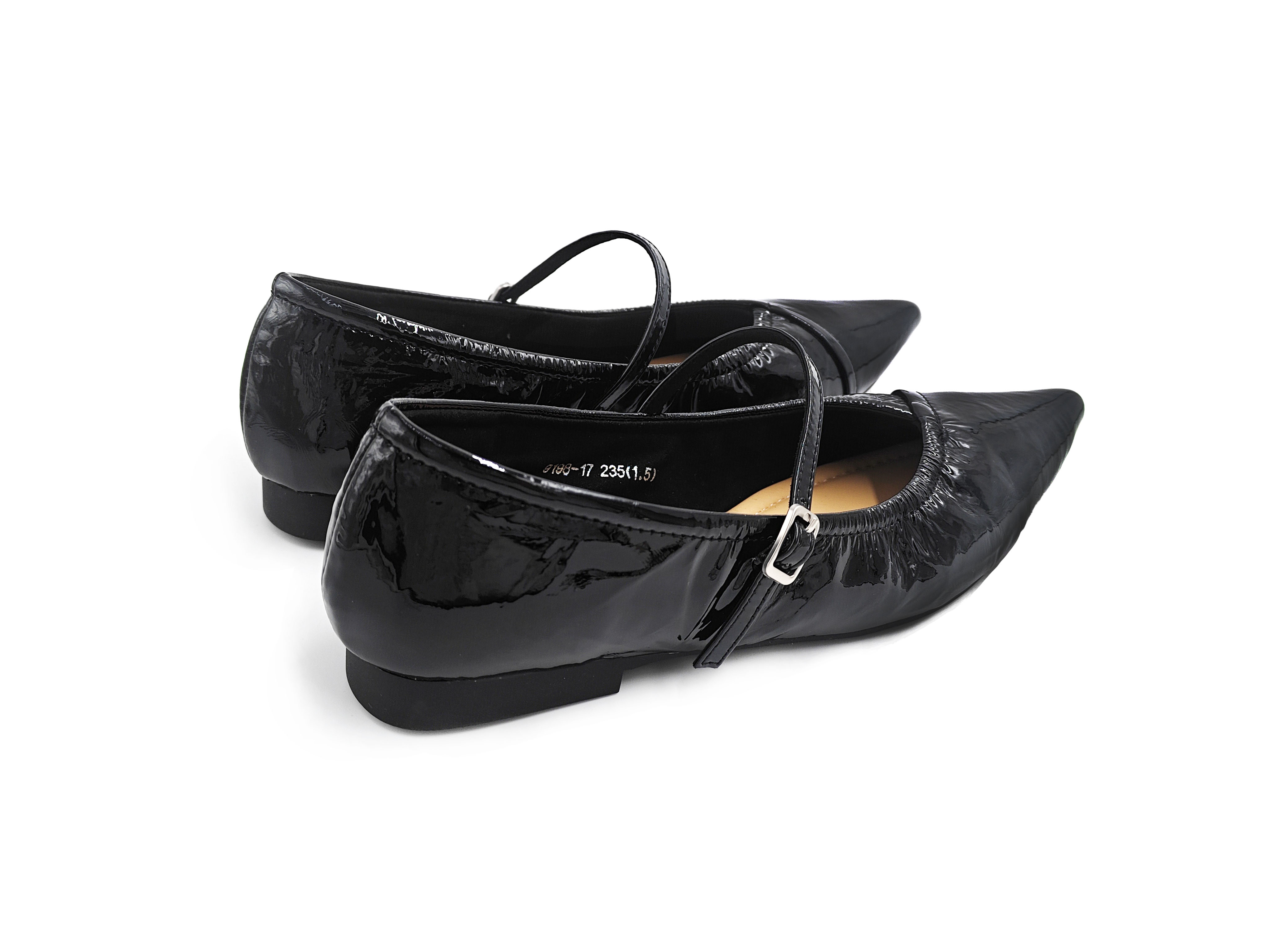 尖頭牛漆皮軟底橫帶平底鞋