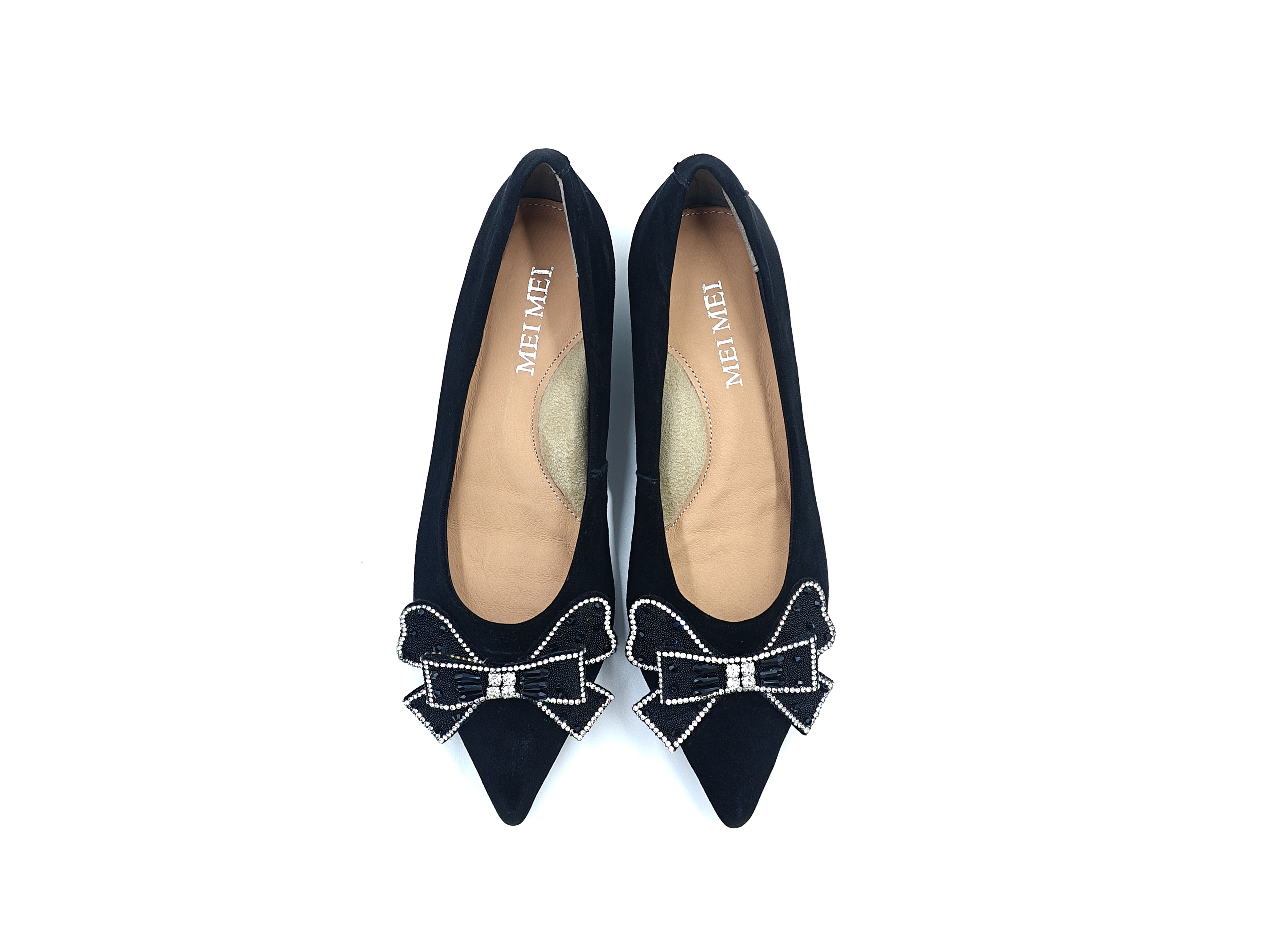 黑色羊麂皮尖頭閃鑽蝴蝶結貓跟單鞋