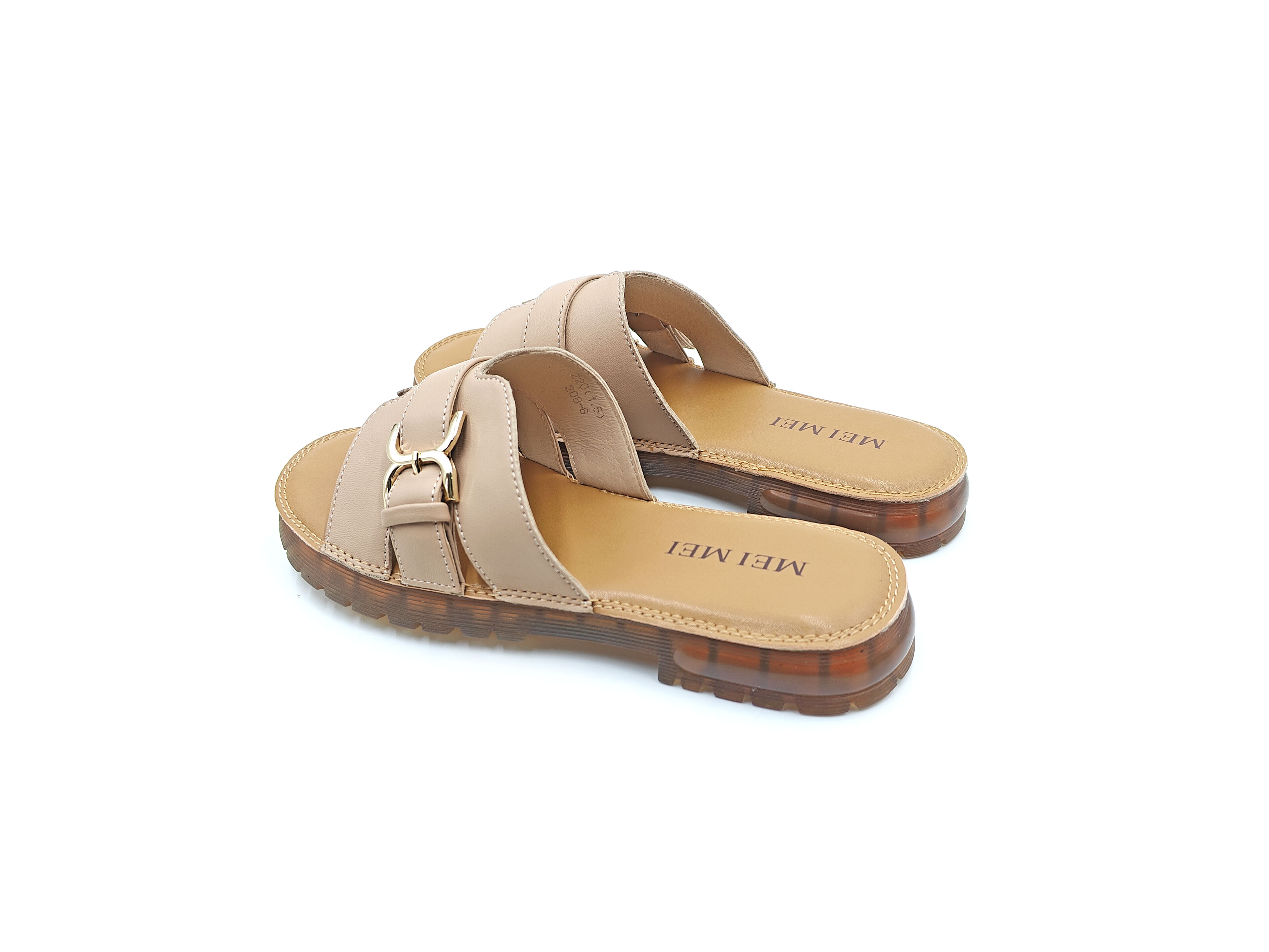 羊皮小方扣露趾平底拖鞋