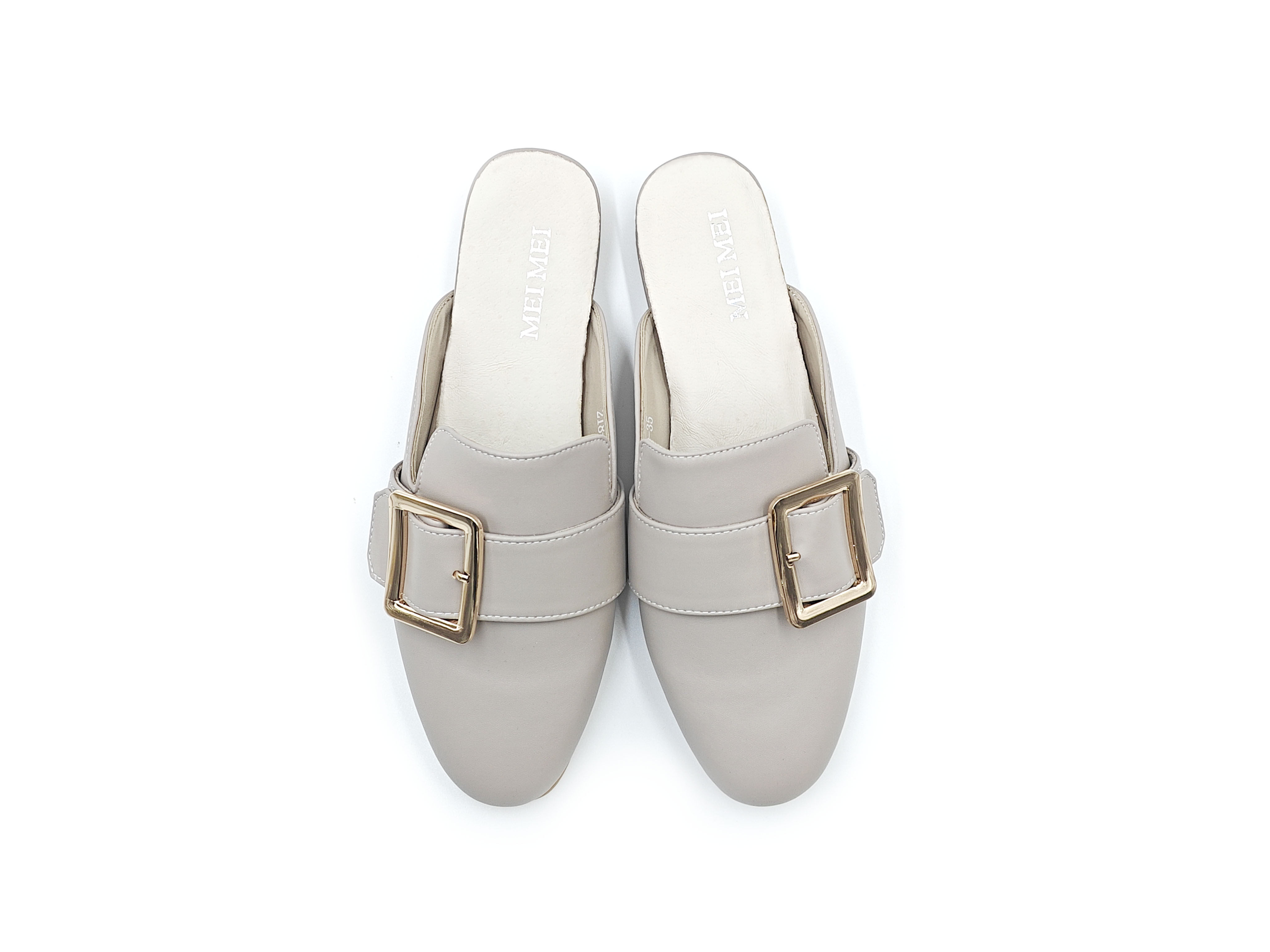 皮面金方扣包頭休閒半拖