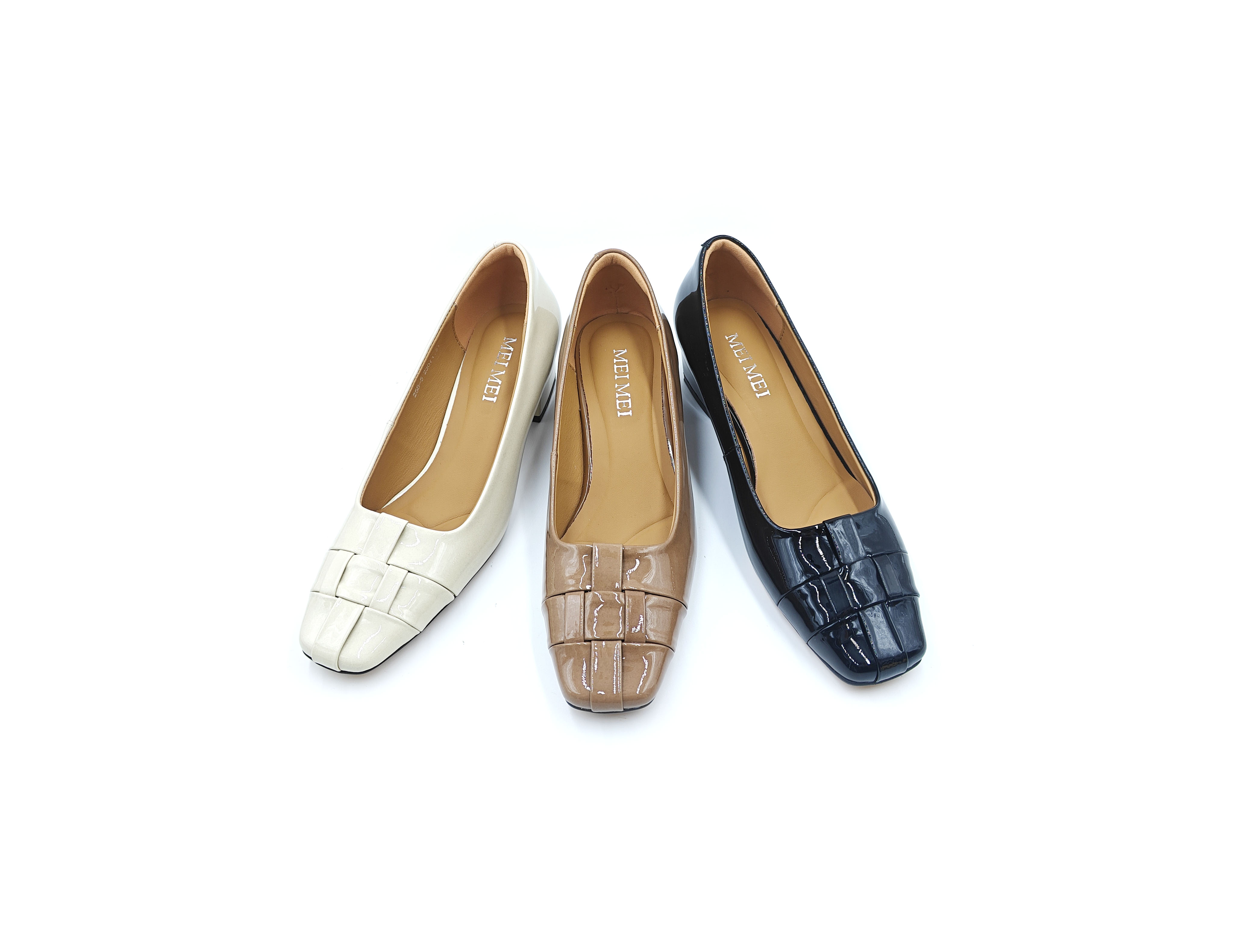 牛漆皮編織方頭粗跟單鞋