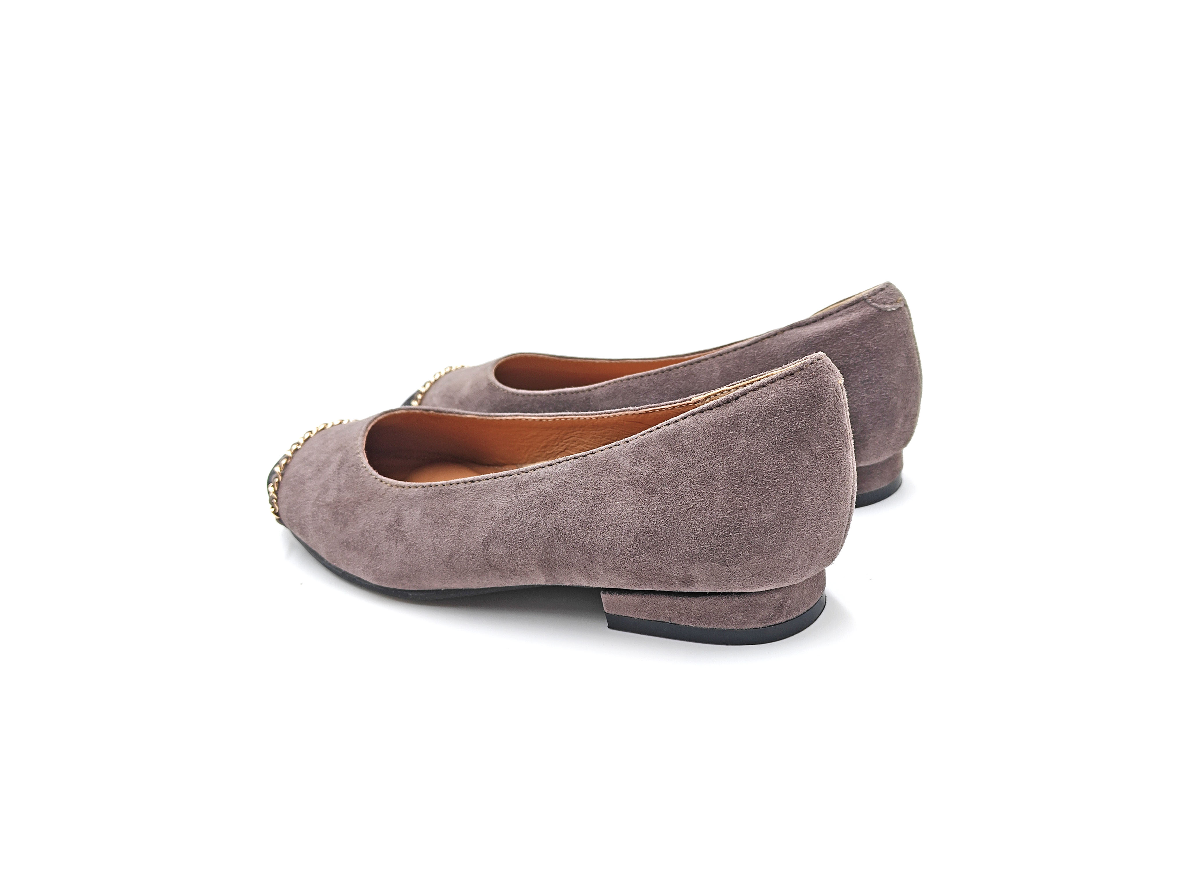 方頭拼接金鏈羊麂皮平底鞋