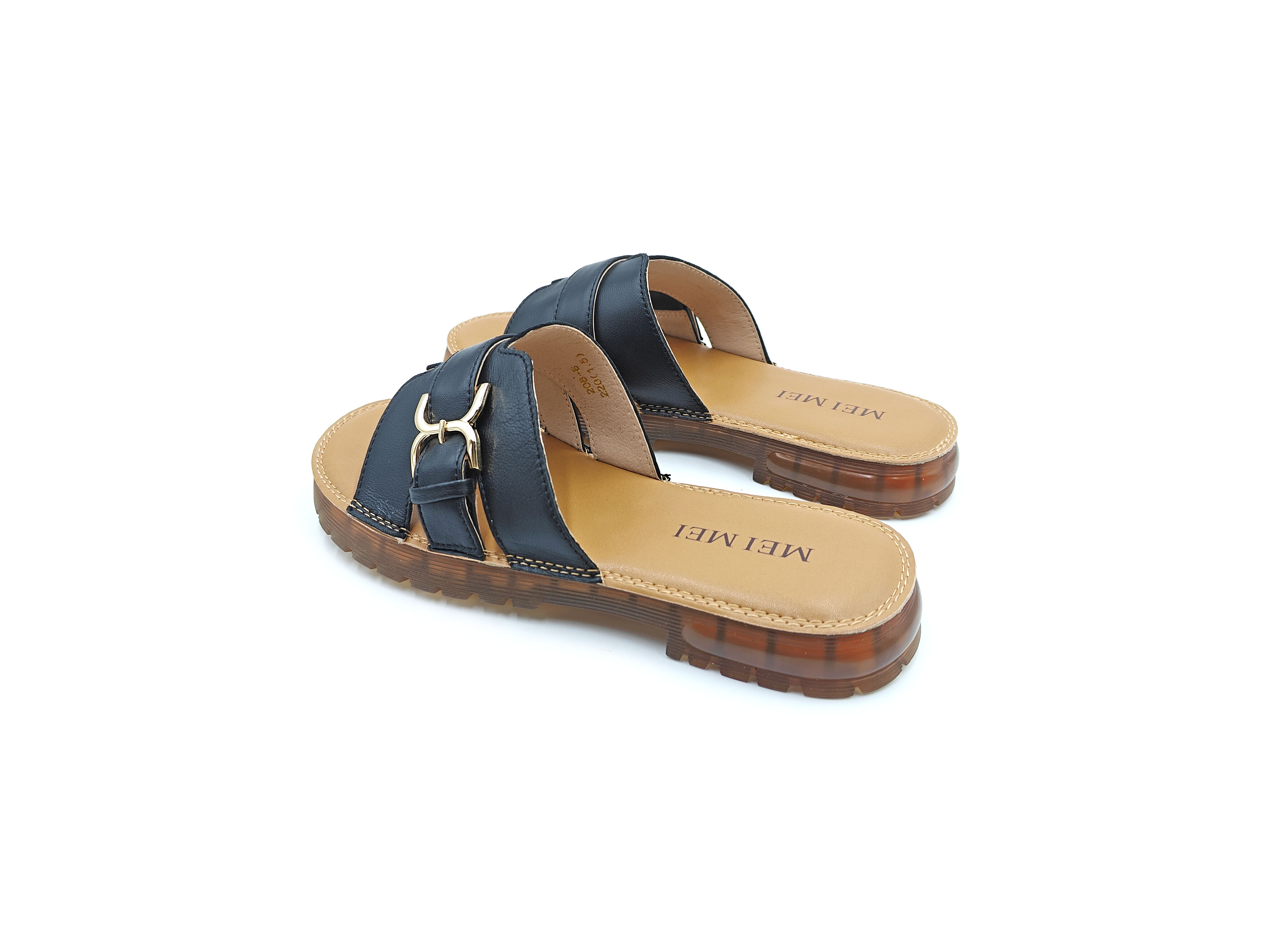 羊皮小方扣露趾平底拖鞋