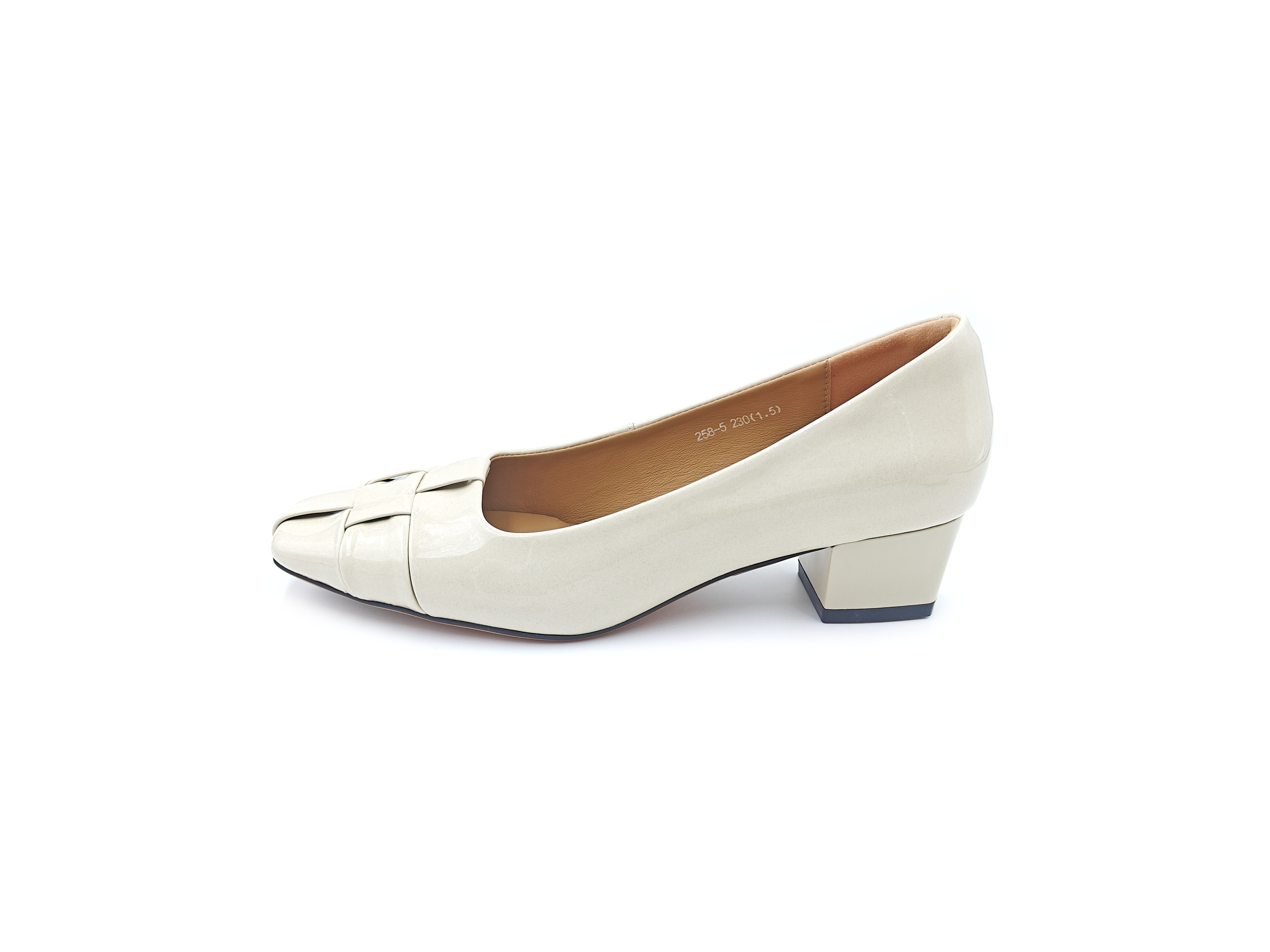 牛漆皮編織方頭粗跟單鞋