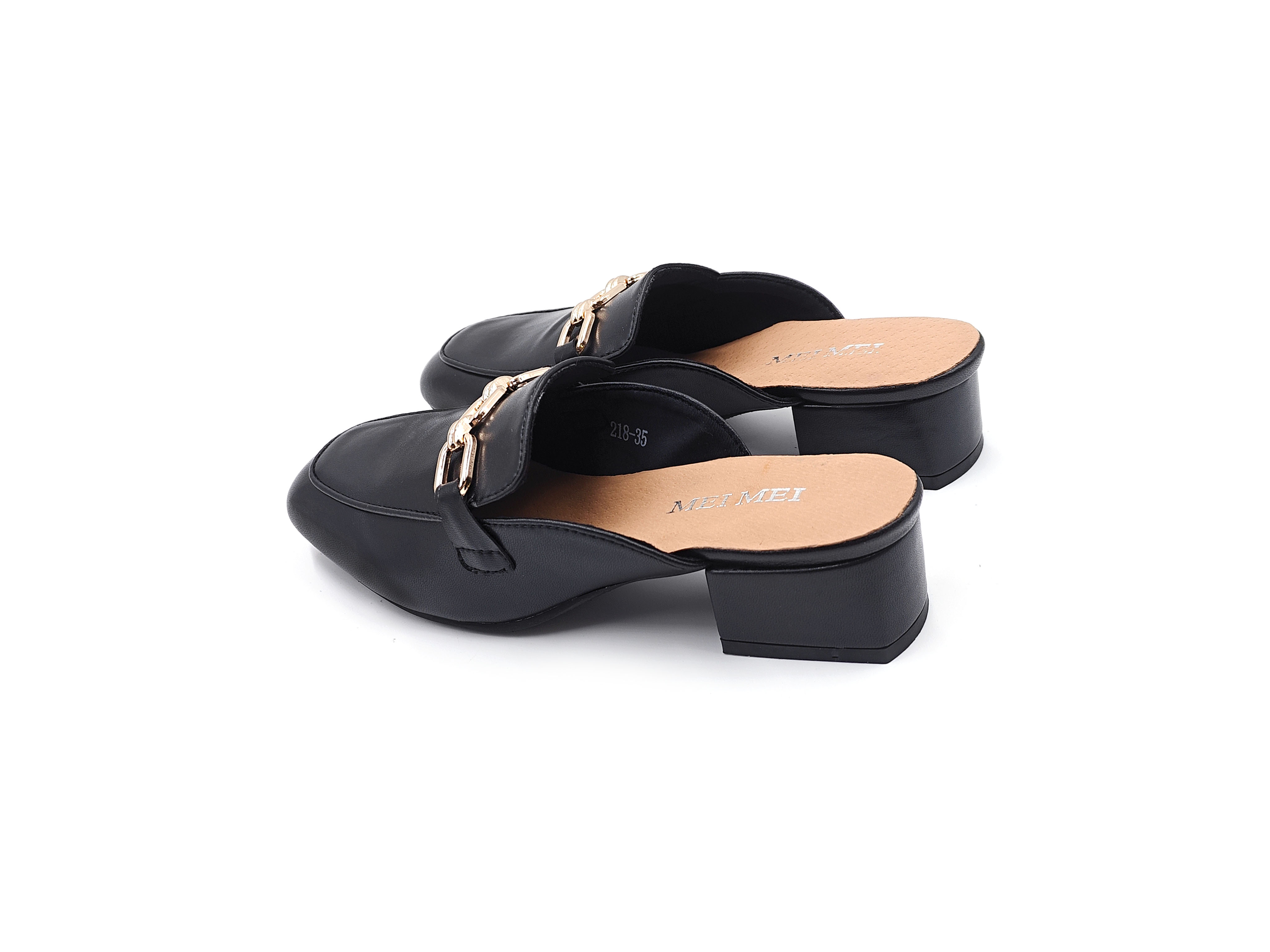 方頭金鏈包頭粗跟半拖