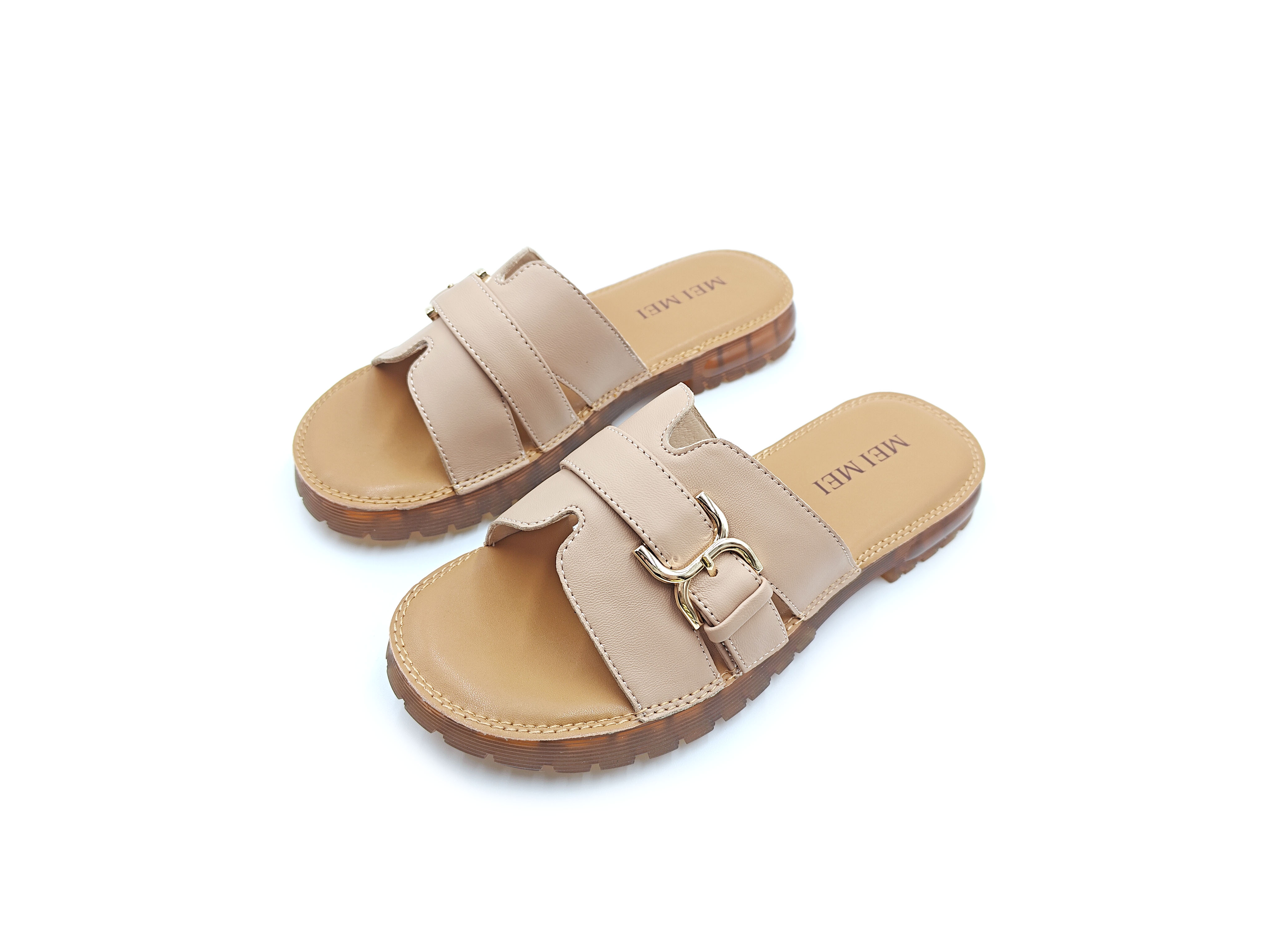 羊皮小方扣露趾平底拖鞋