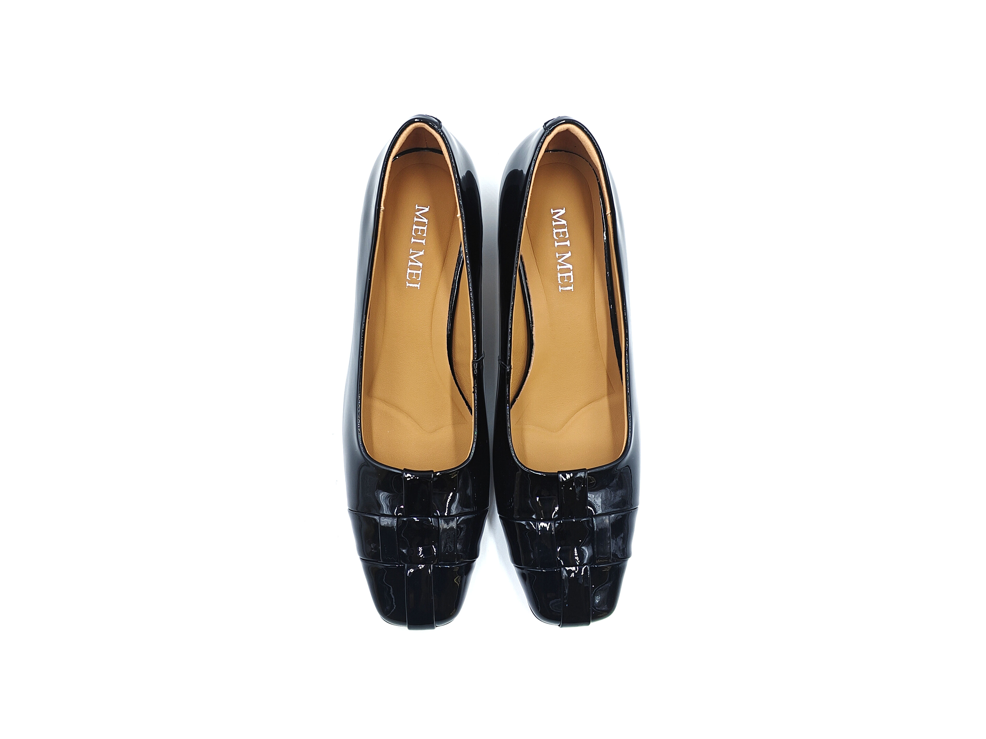 牛漆皮編織方頭粗跟單鞋