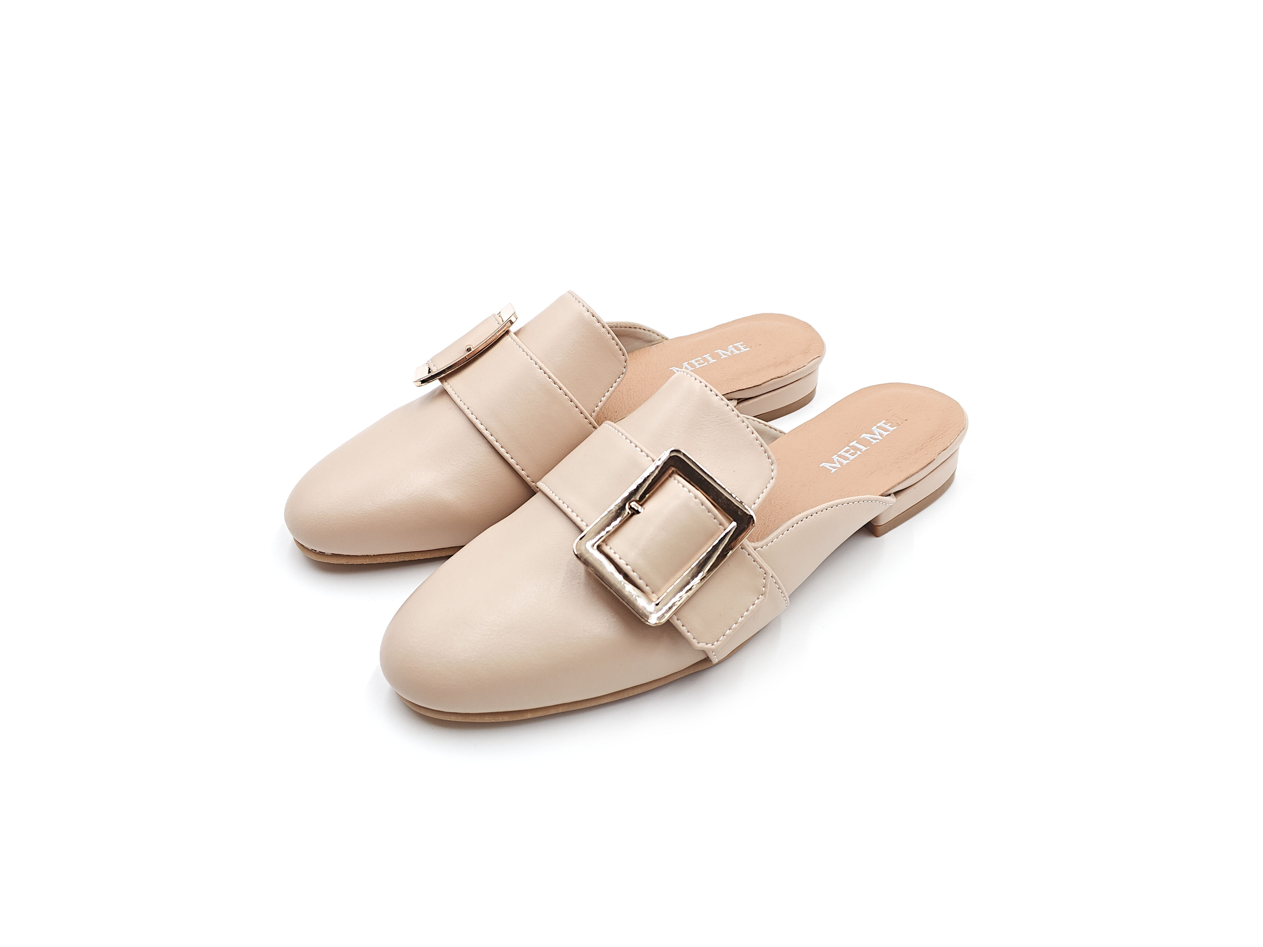 皮面金方扣包頭休閒半拖