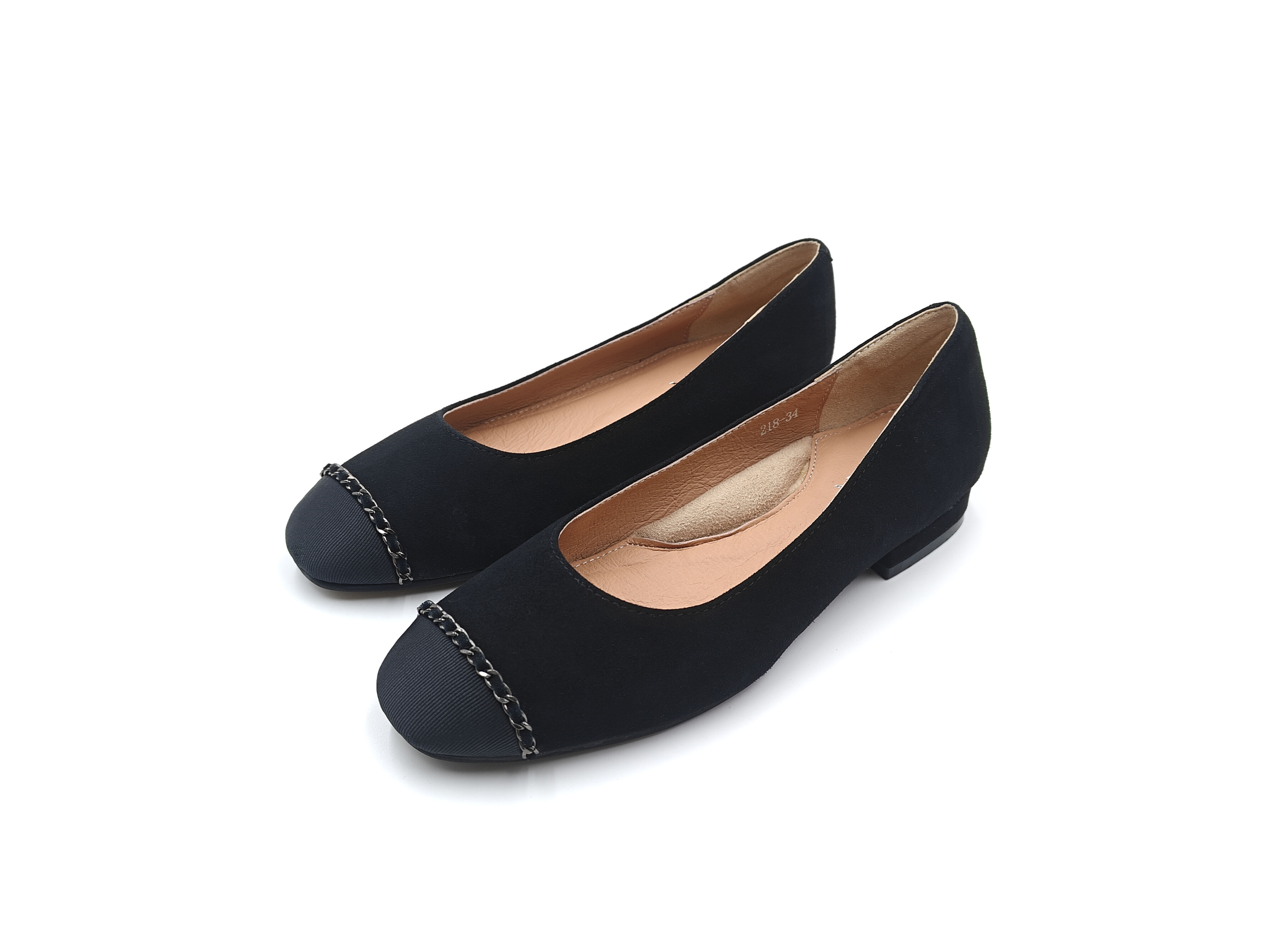 方頭拼接金鏈羊麂皮平底鞋