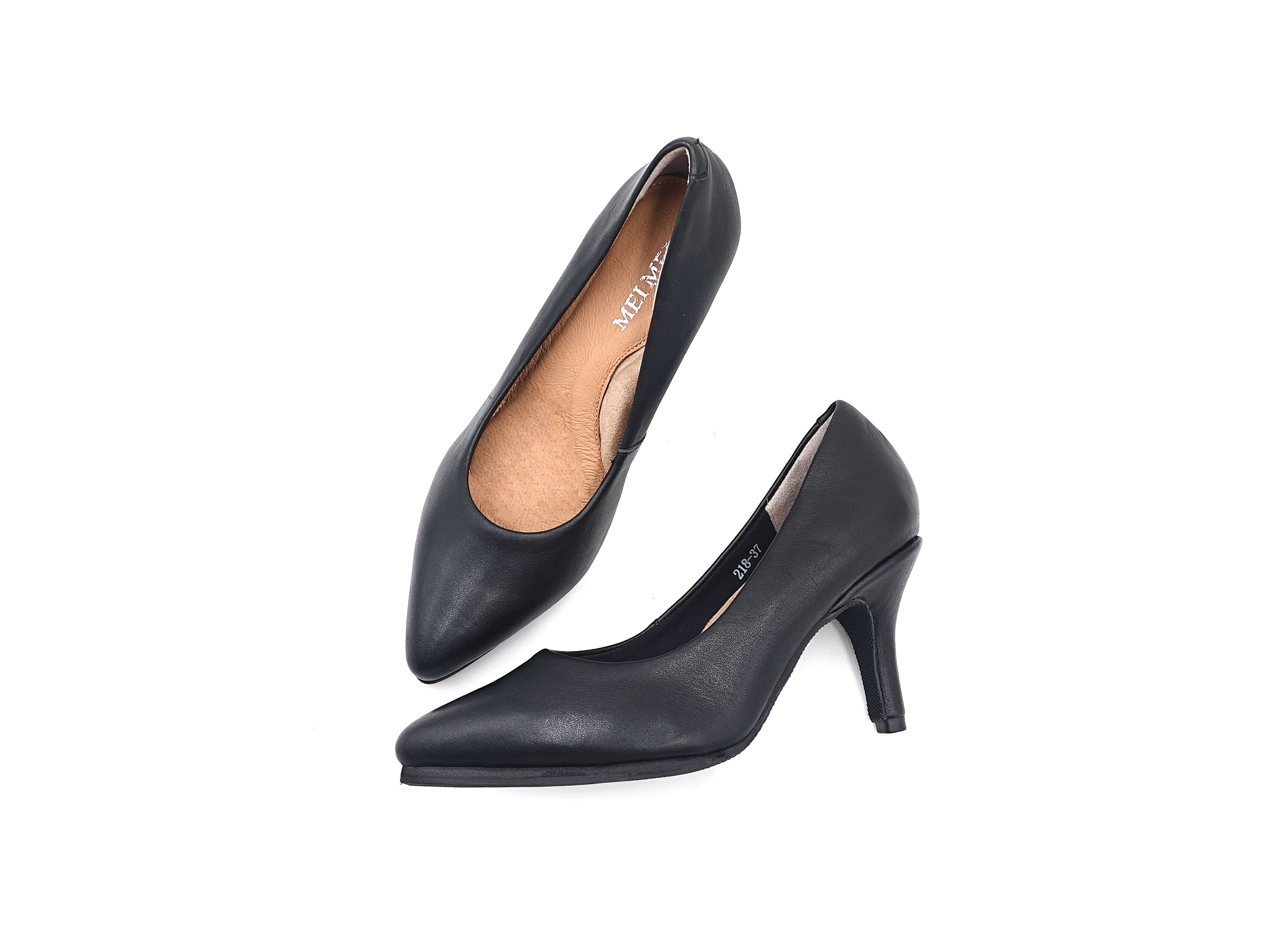 黑色尖頭真皮細跟高跟鞋