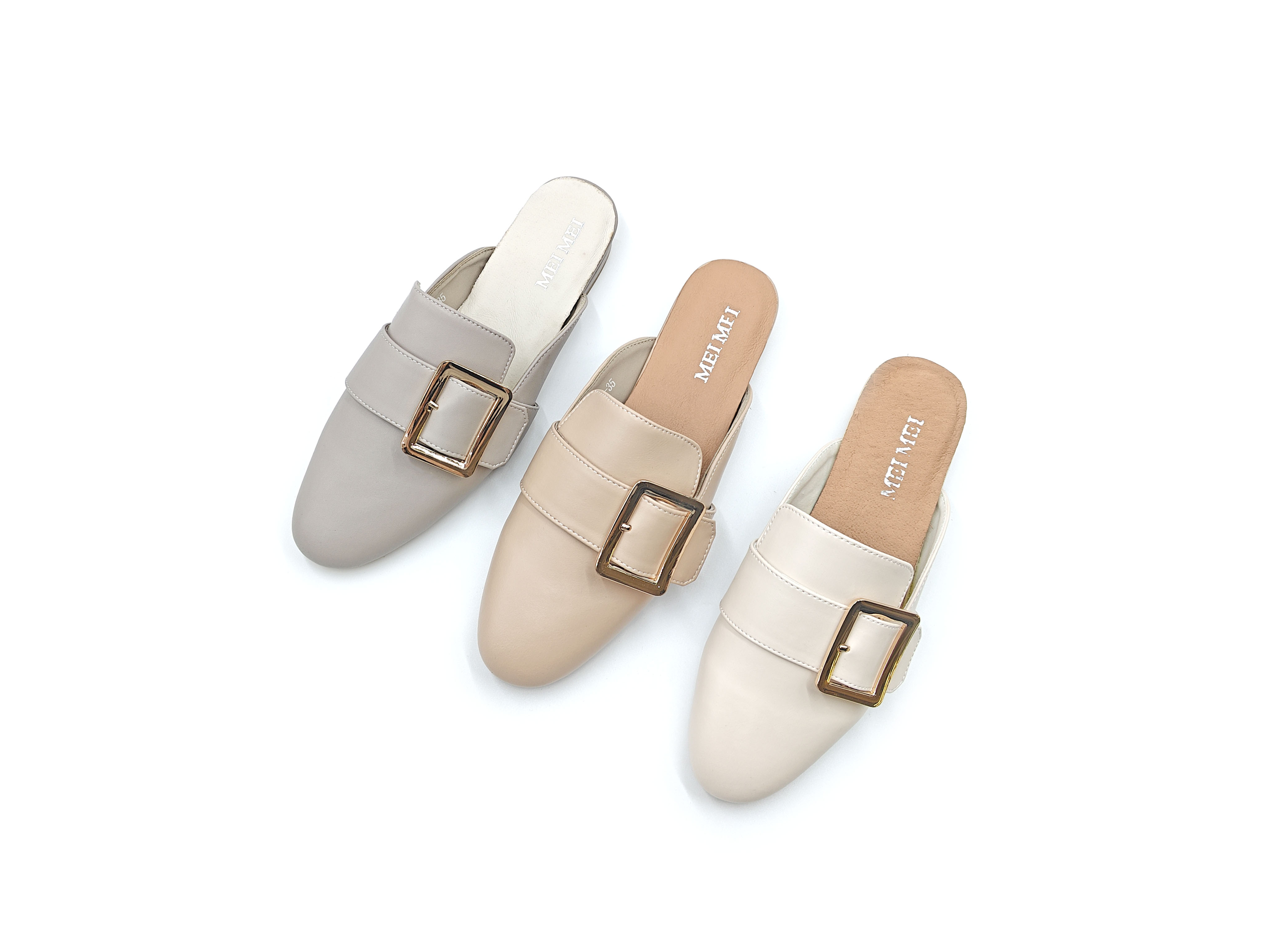 皮面金方扣包頭休閒半拖