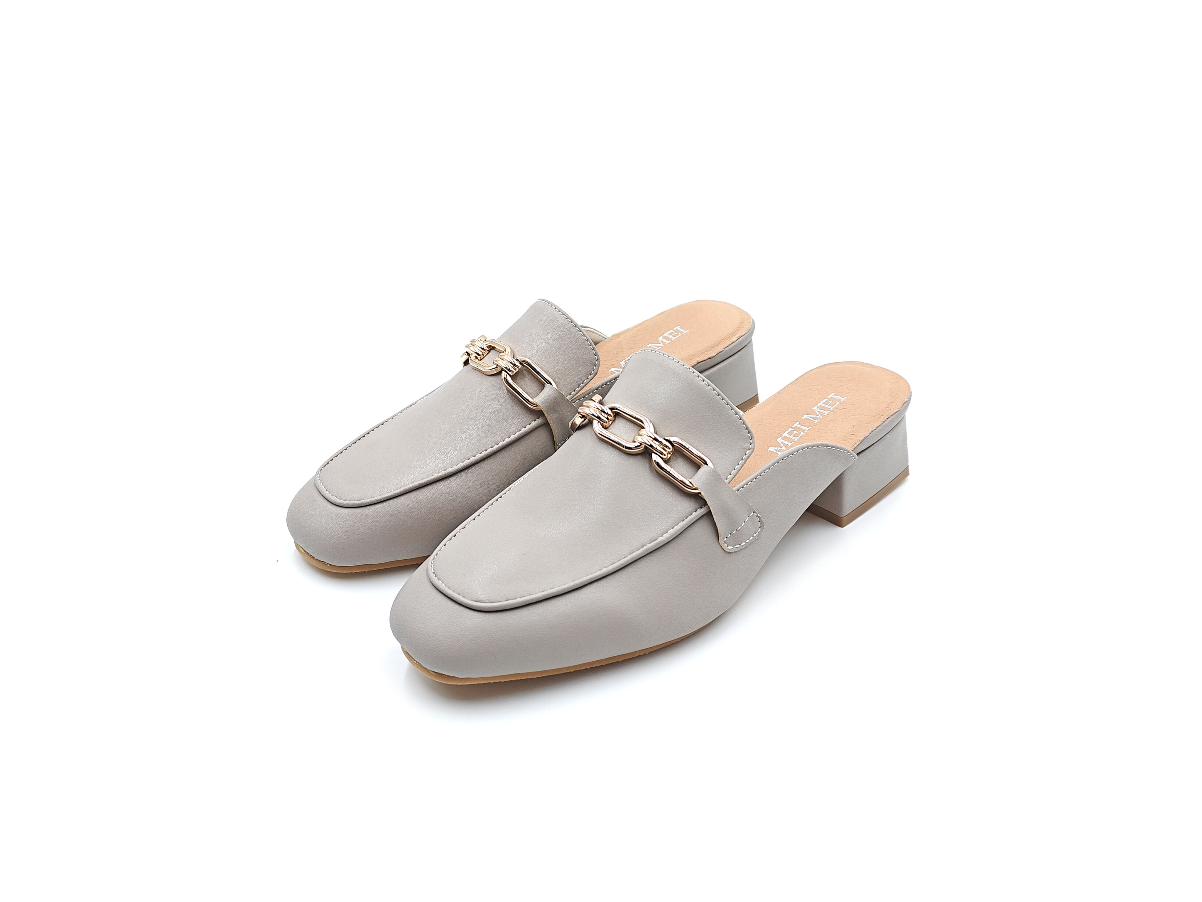 方頭金鏈包頭粗跟半拖