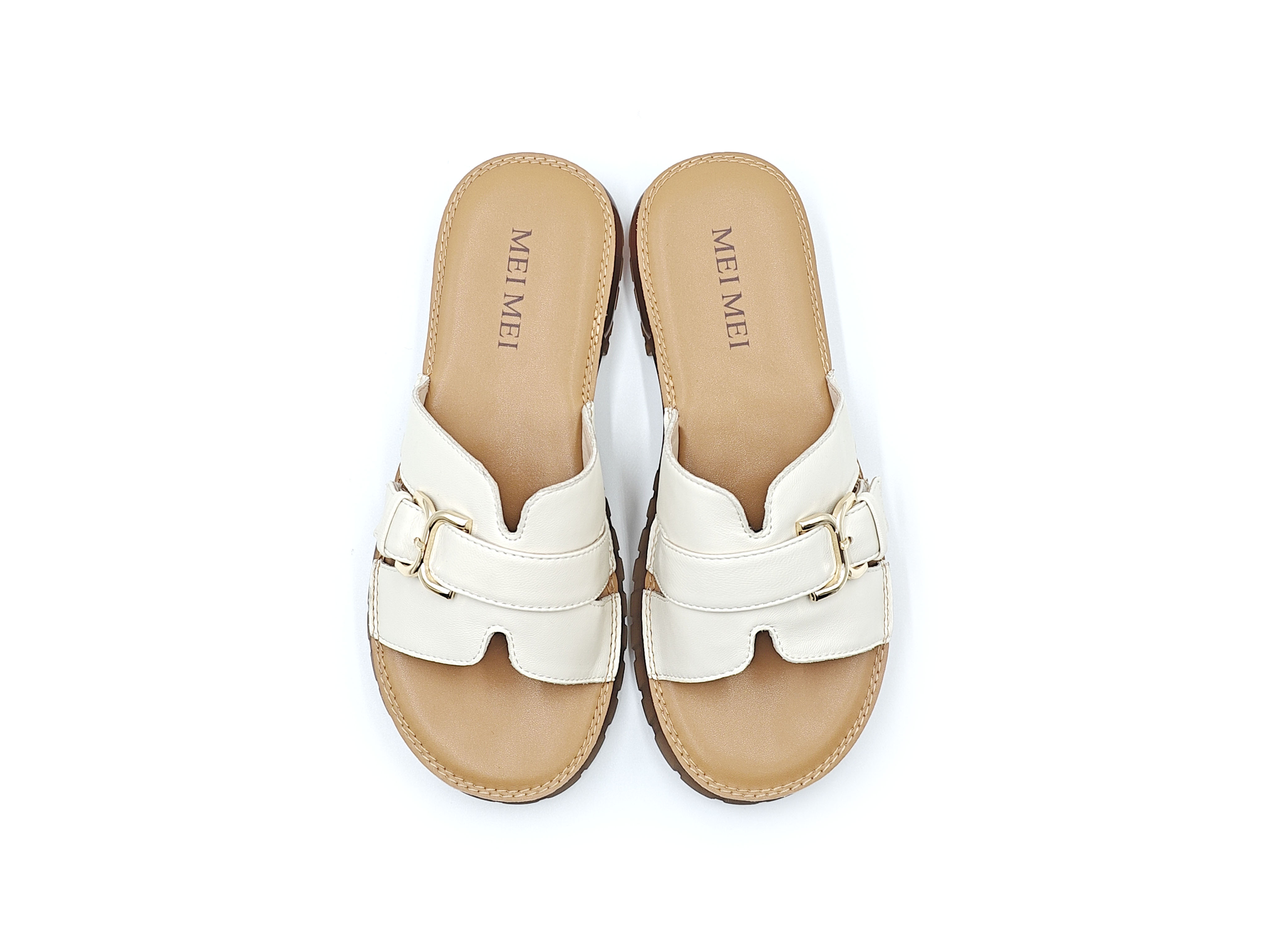 羊皮小方扣露趾平底拖鞋