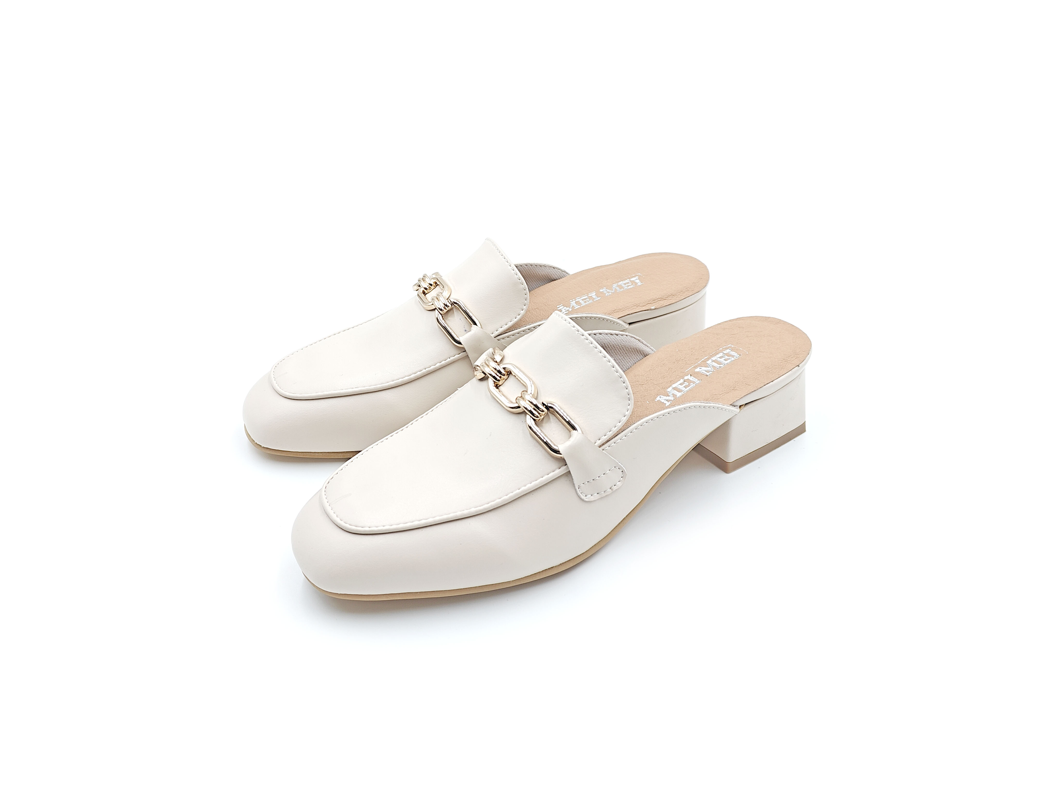 方頭金鏈包頭粗跟半拖