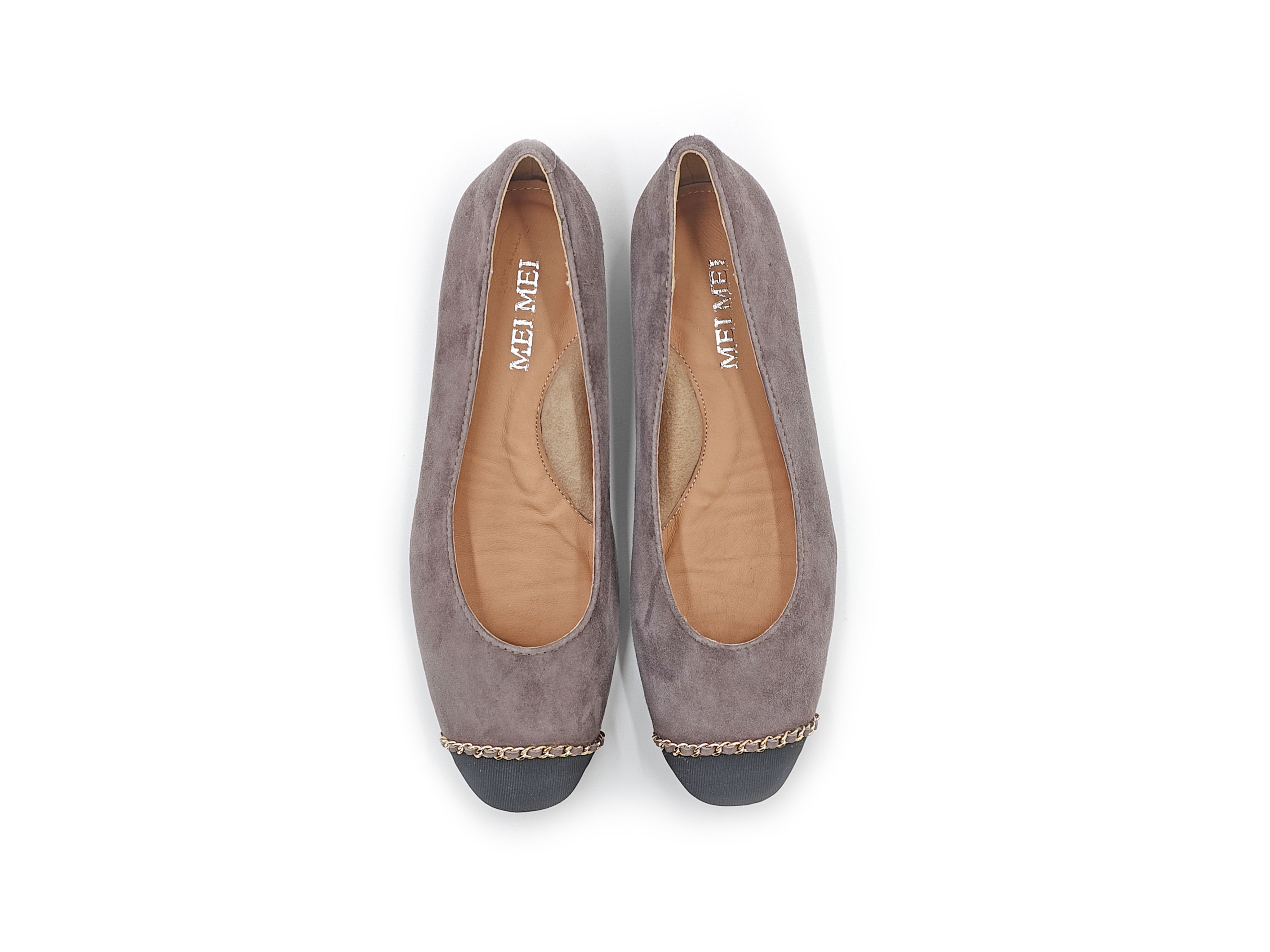 方頭拼接金鏈羊麂皮平底鞋