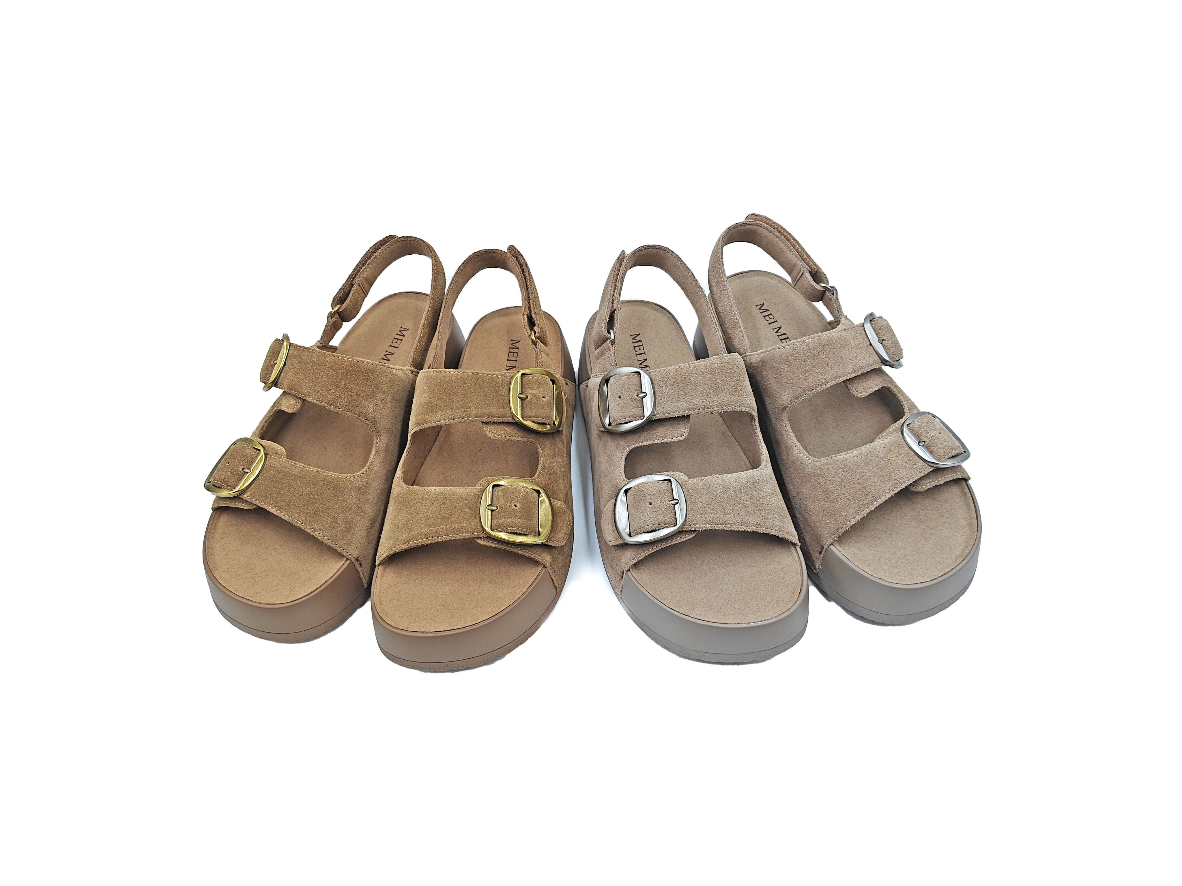 羊麂皮厚底方扣軟底涼鞋