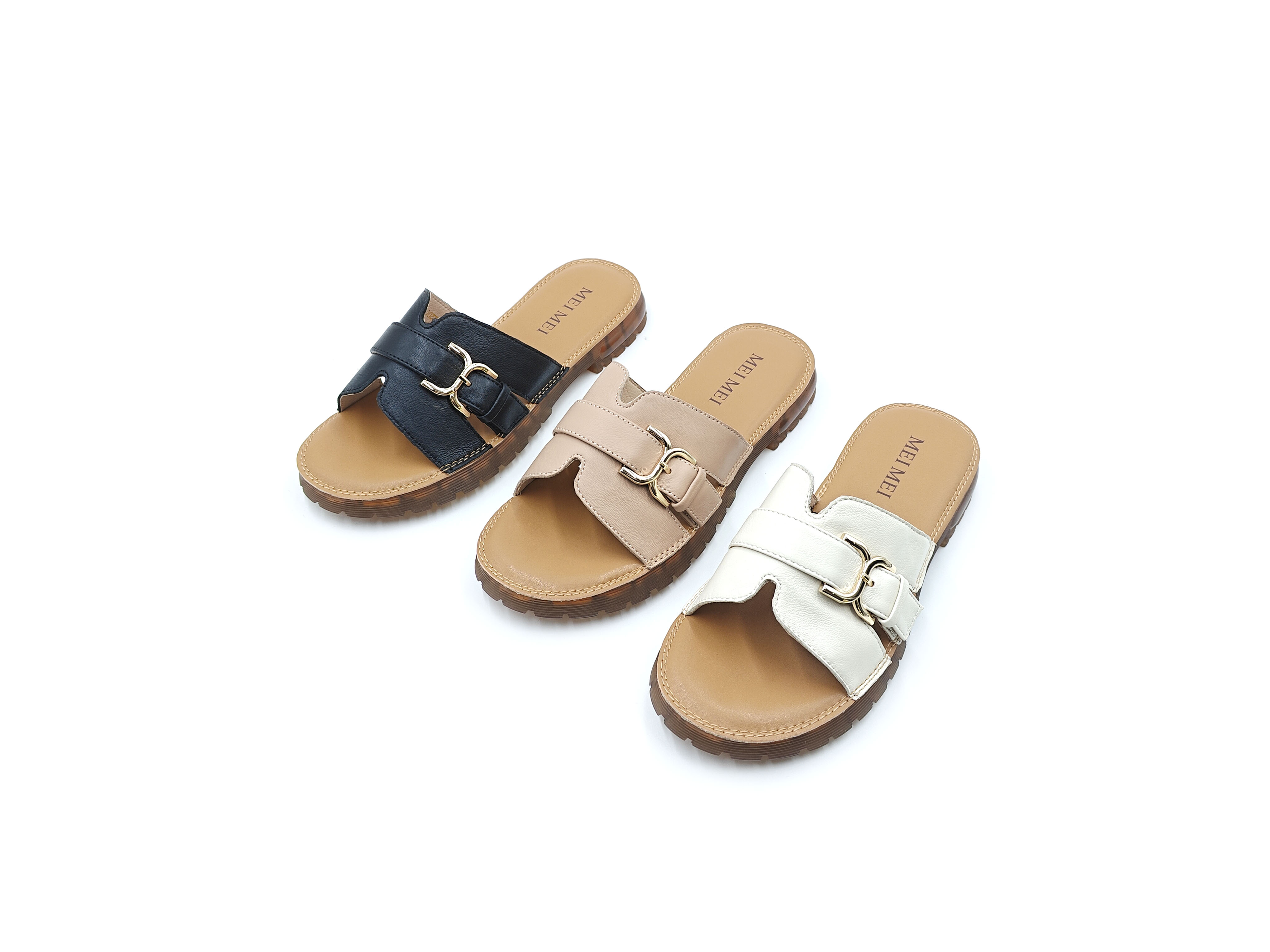 羊皮小方扣露趾平底拖鞋