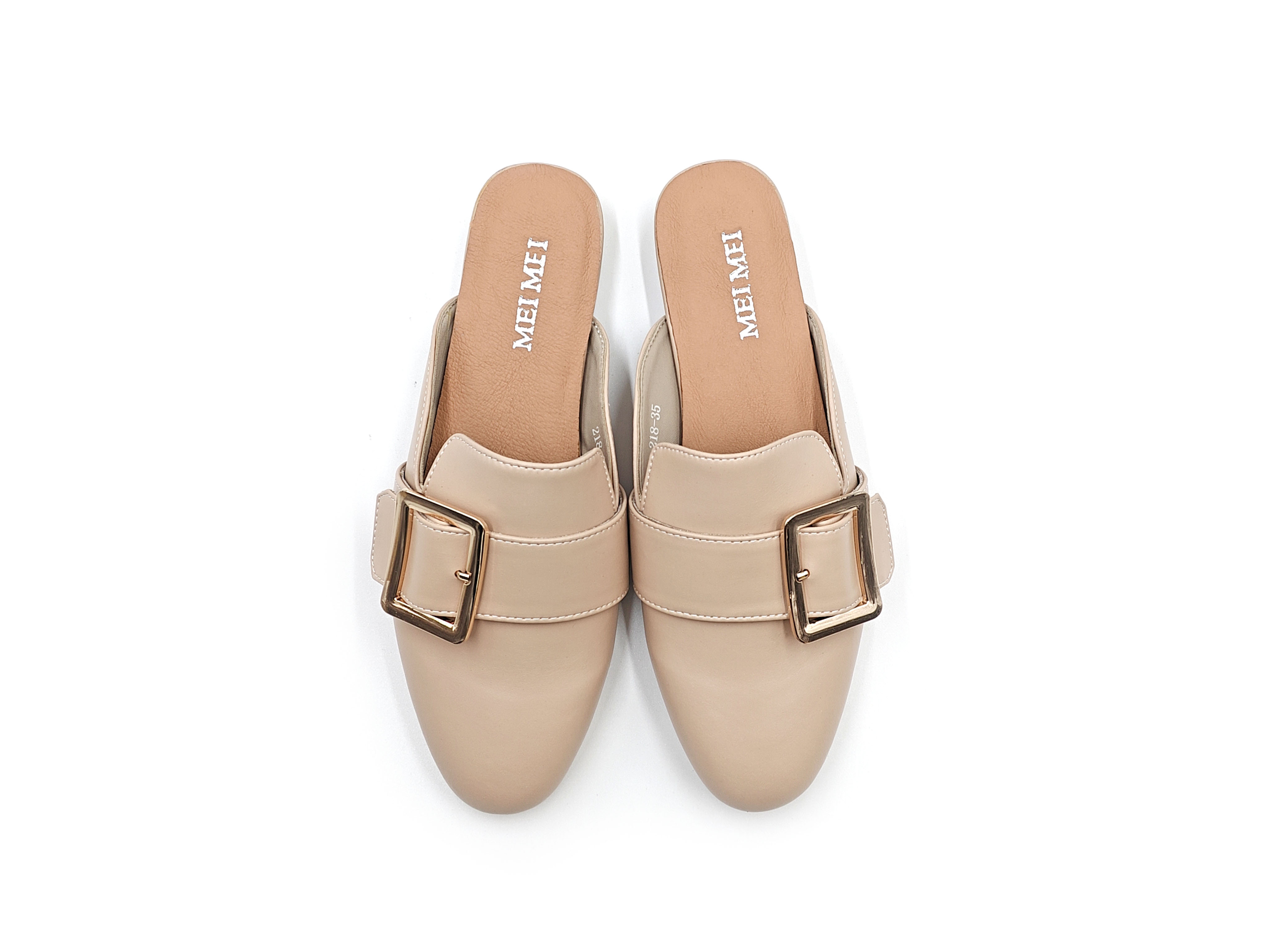 皮面金方扣包頭休閒半拖